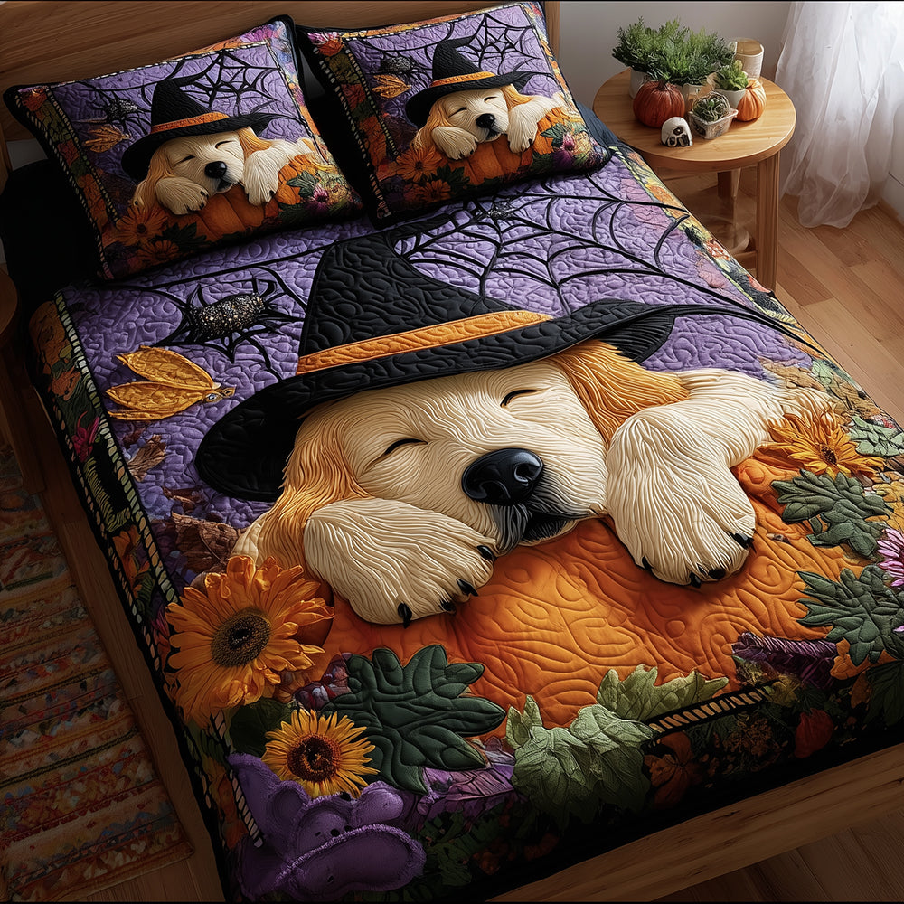 Pumpkin Golden Retriever Quilted Bedding Set Halloween Blanket Set Golden Retriever Items Gifts
