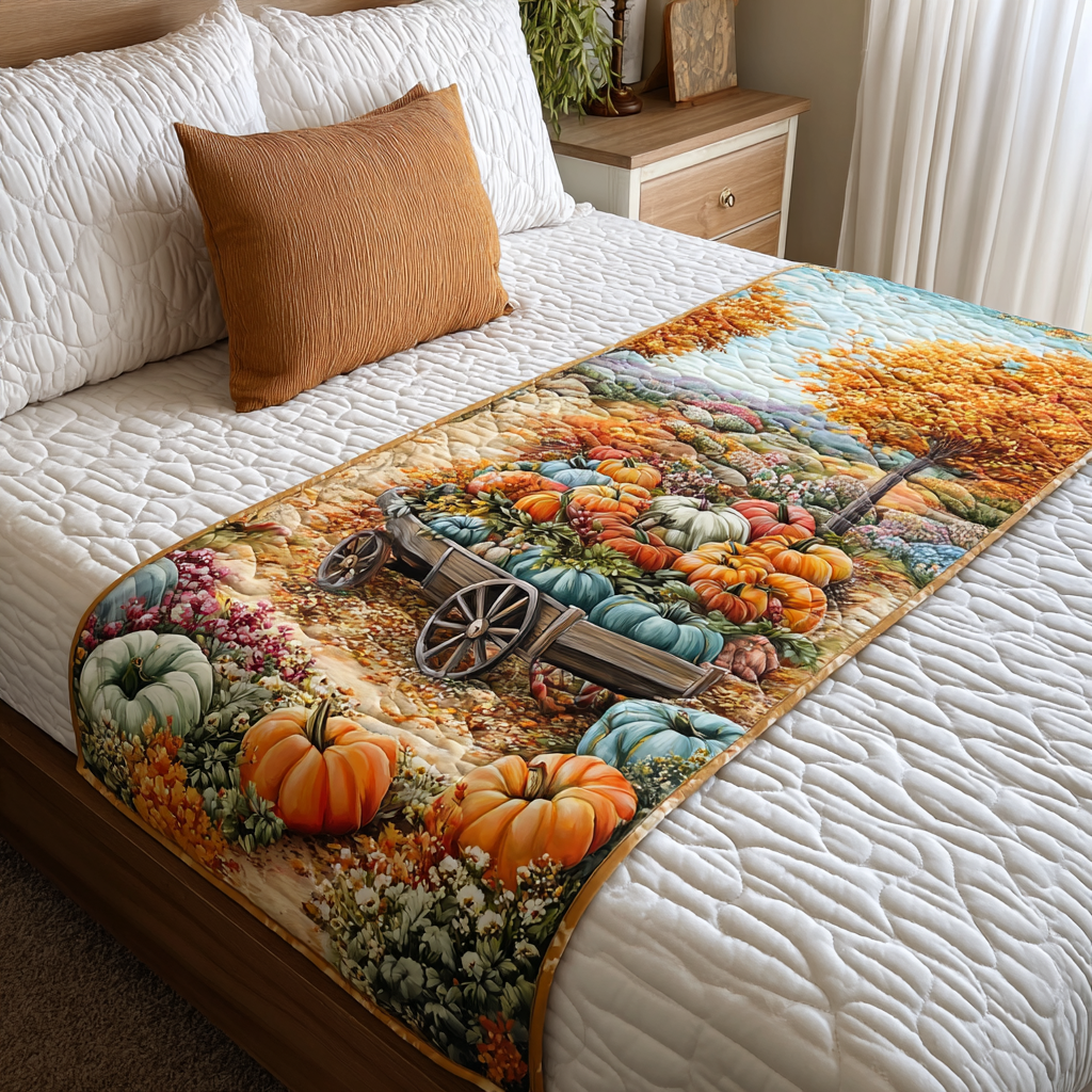 Pumpkin Grove Quilted Bed Runner Cute Fall Bedroom Decor Best Family Gifts