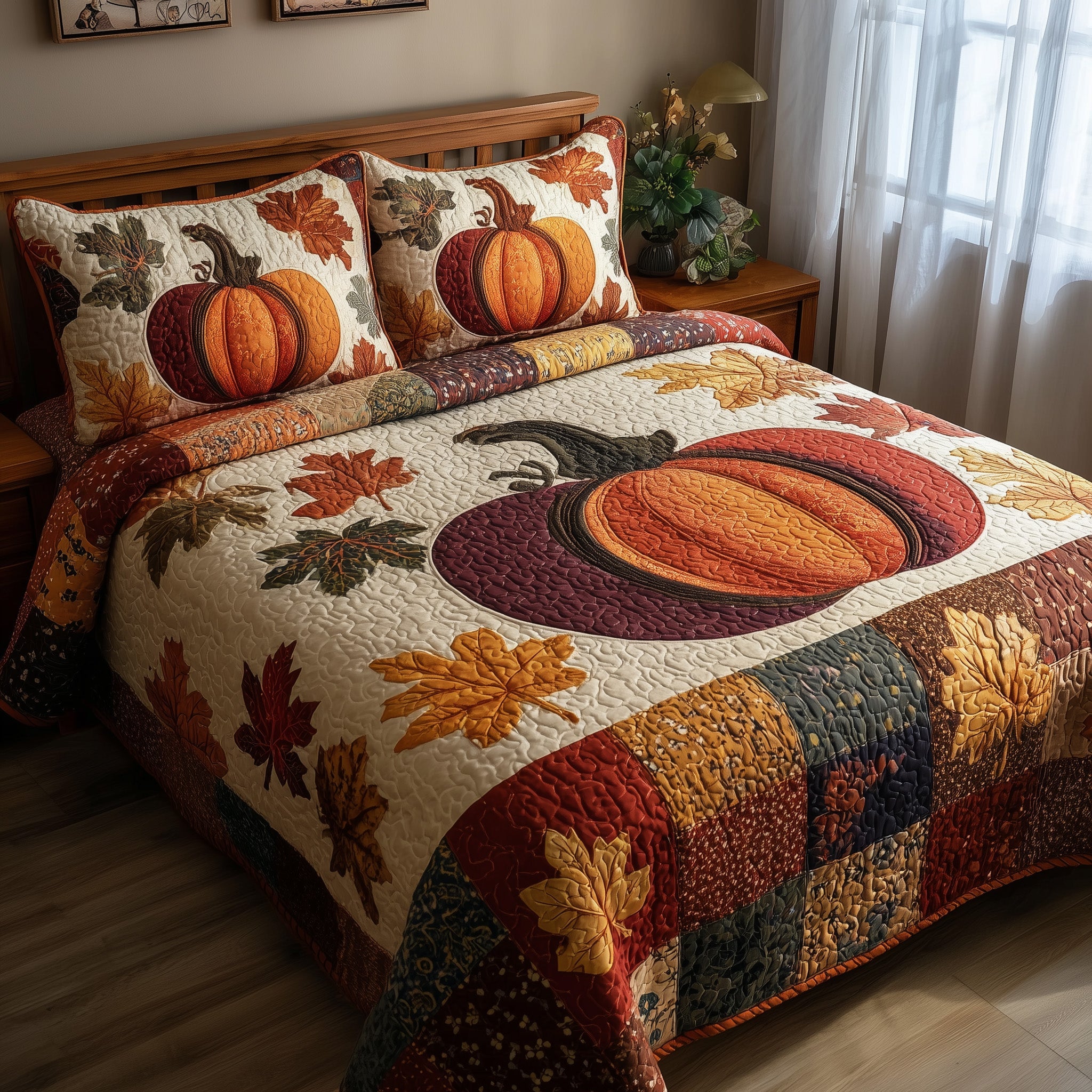 Pumpkin Harvest Quilted Bedding Set Birthday Gift