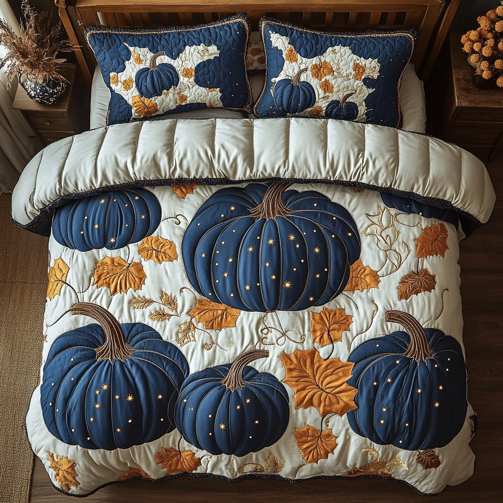 Pumpkin Harvest Quilted Bedding Set Cozy Bedroom Decor Fall Autumn Gifts For Him