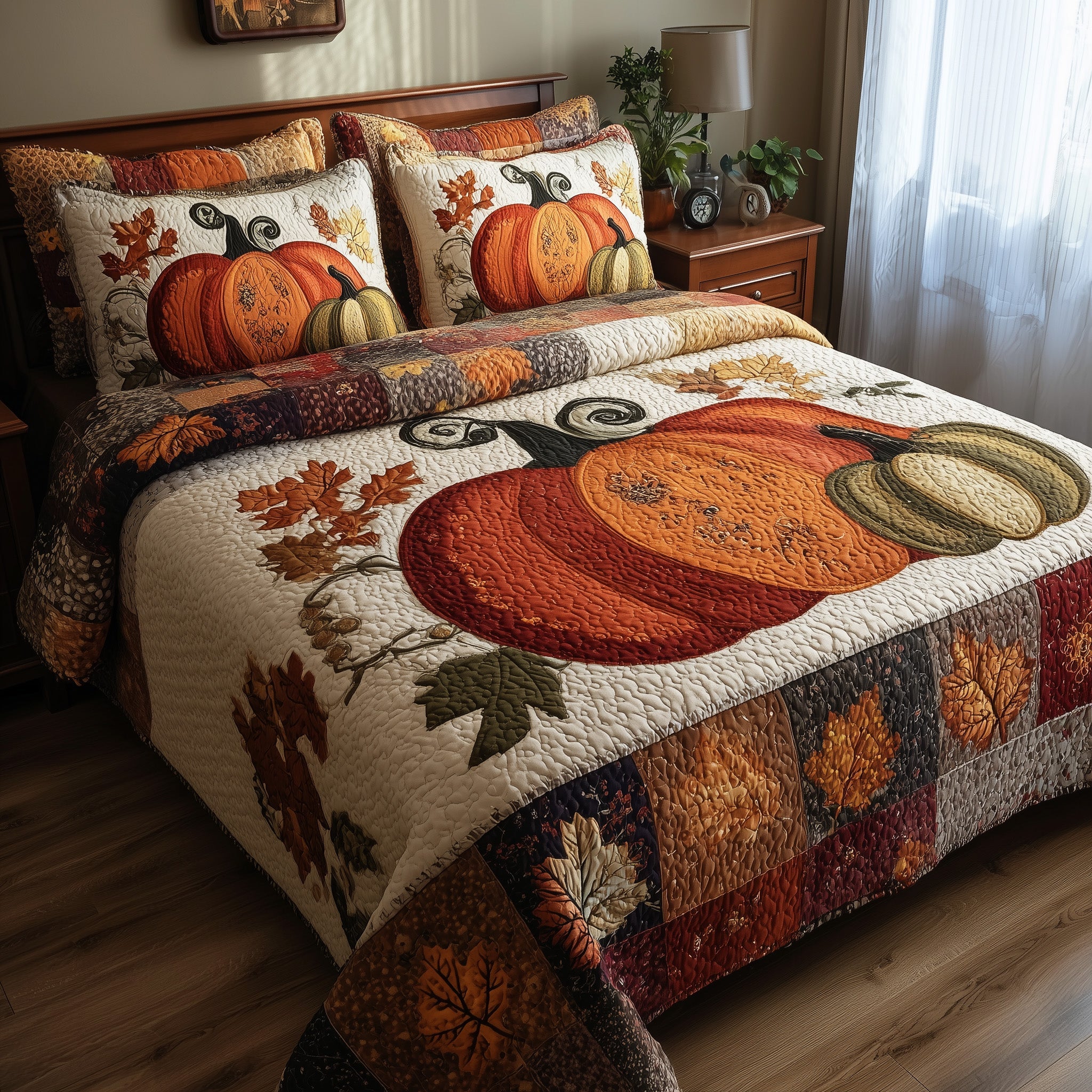 Pumpkin Harvest Quilted Bedding Set Duvet Cover Bedspread Autumn Presents