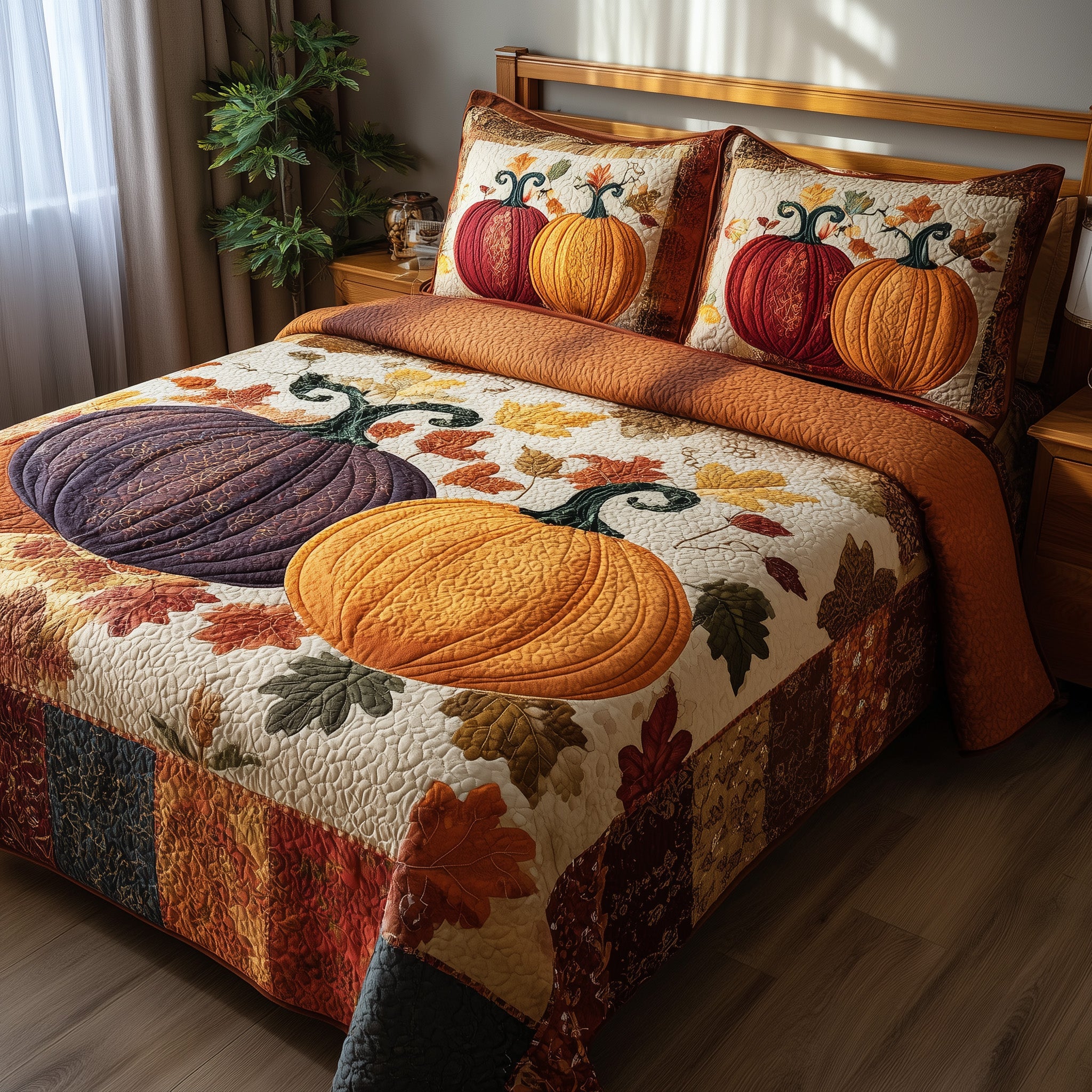 Pumpkin Harvest Quilted Bedding Set Duvet Cover Bedspread Cozy Fall Gift Ideas