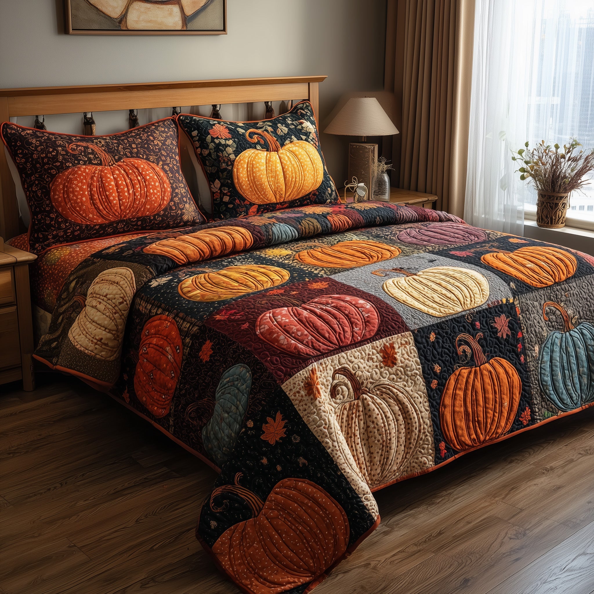 Pumpkin Harvest Quilted Bedding Set Duvet Cover Bedspread Fall Autumn Gifts For Him