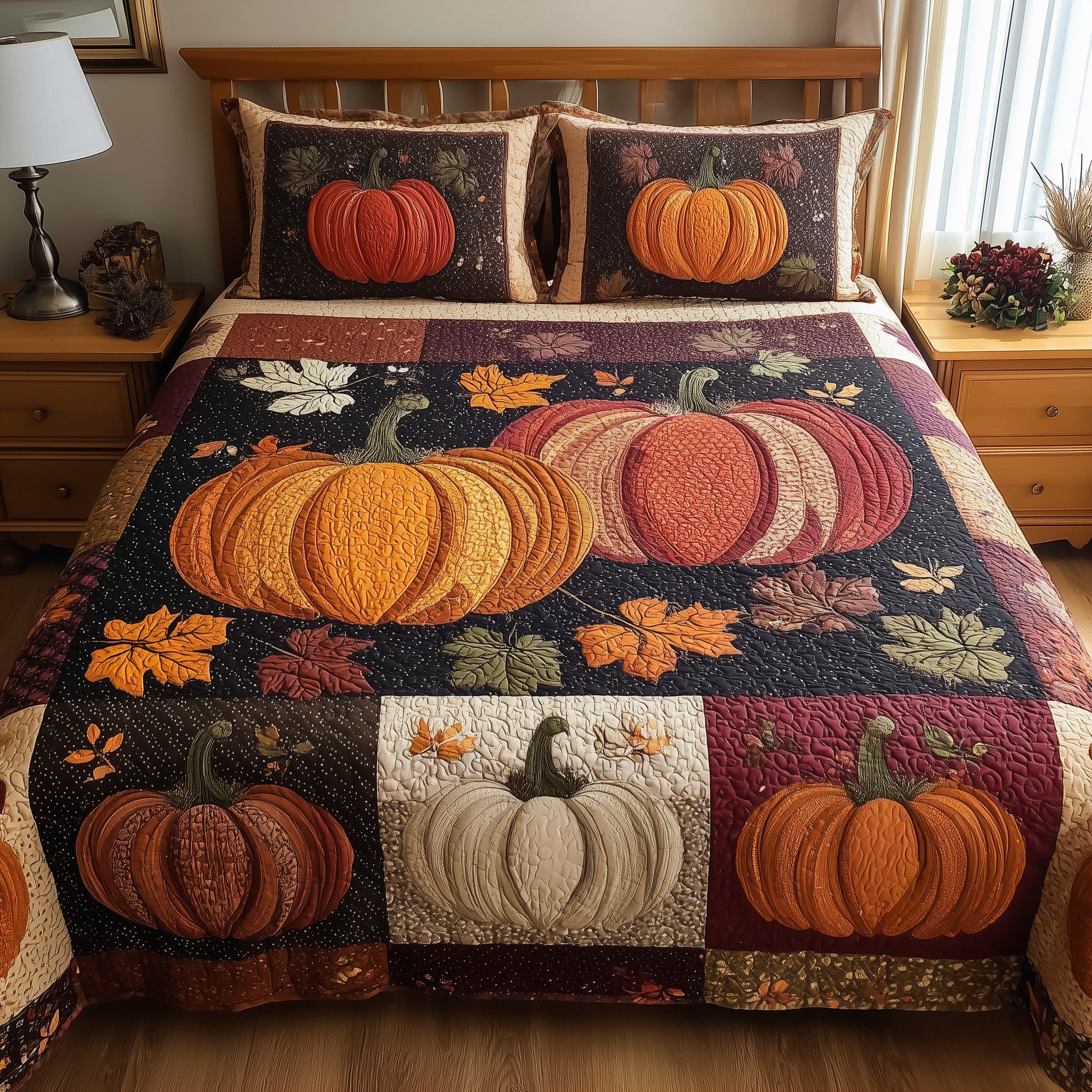 Pumpkin Harvest Quilted Bedding Set Duvet Cover Bedspread Gift For Mid Autumn Festival