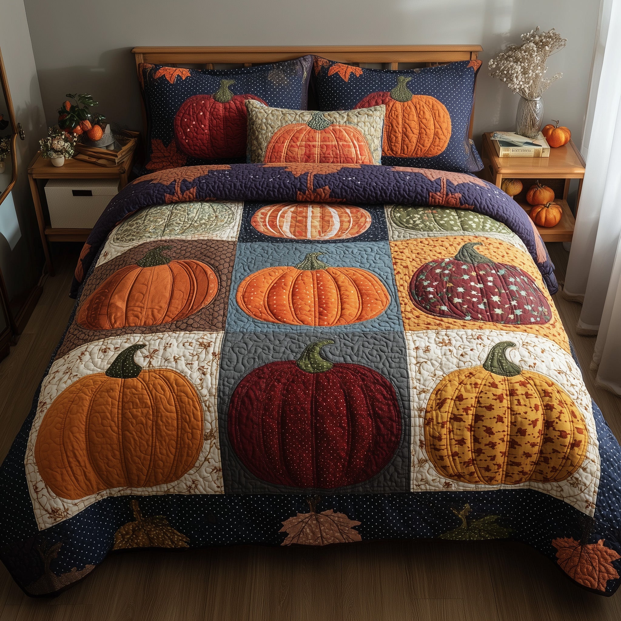Pumpkin Harvest Quilted Bedding Set Farmhouse Style
