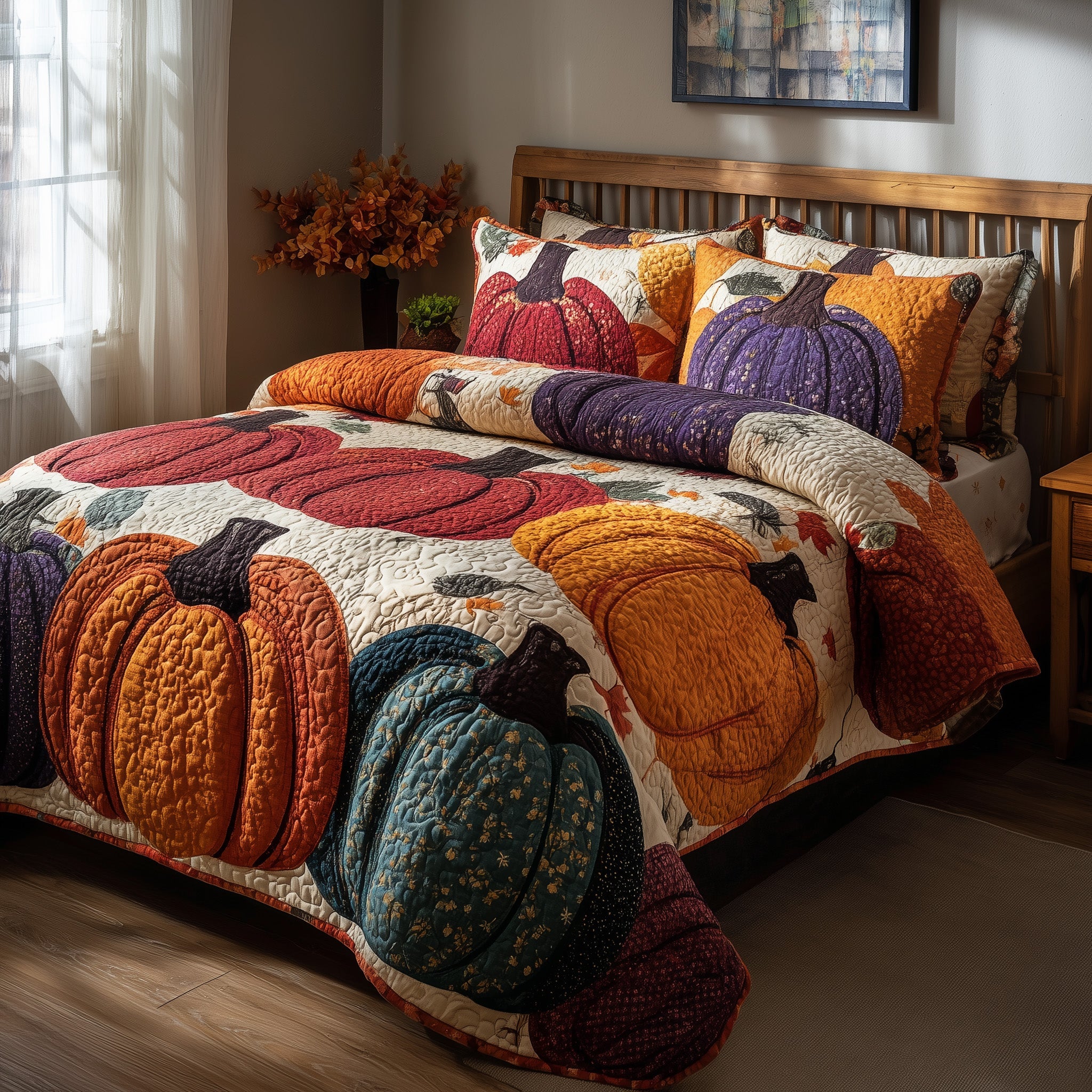 Pumpkin Harvest Quilted Bedding Set For Women