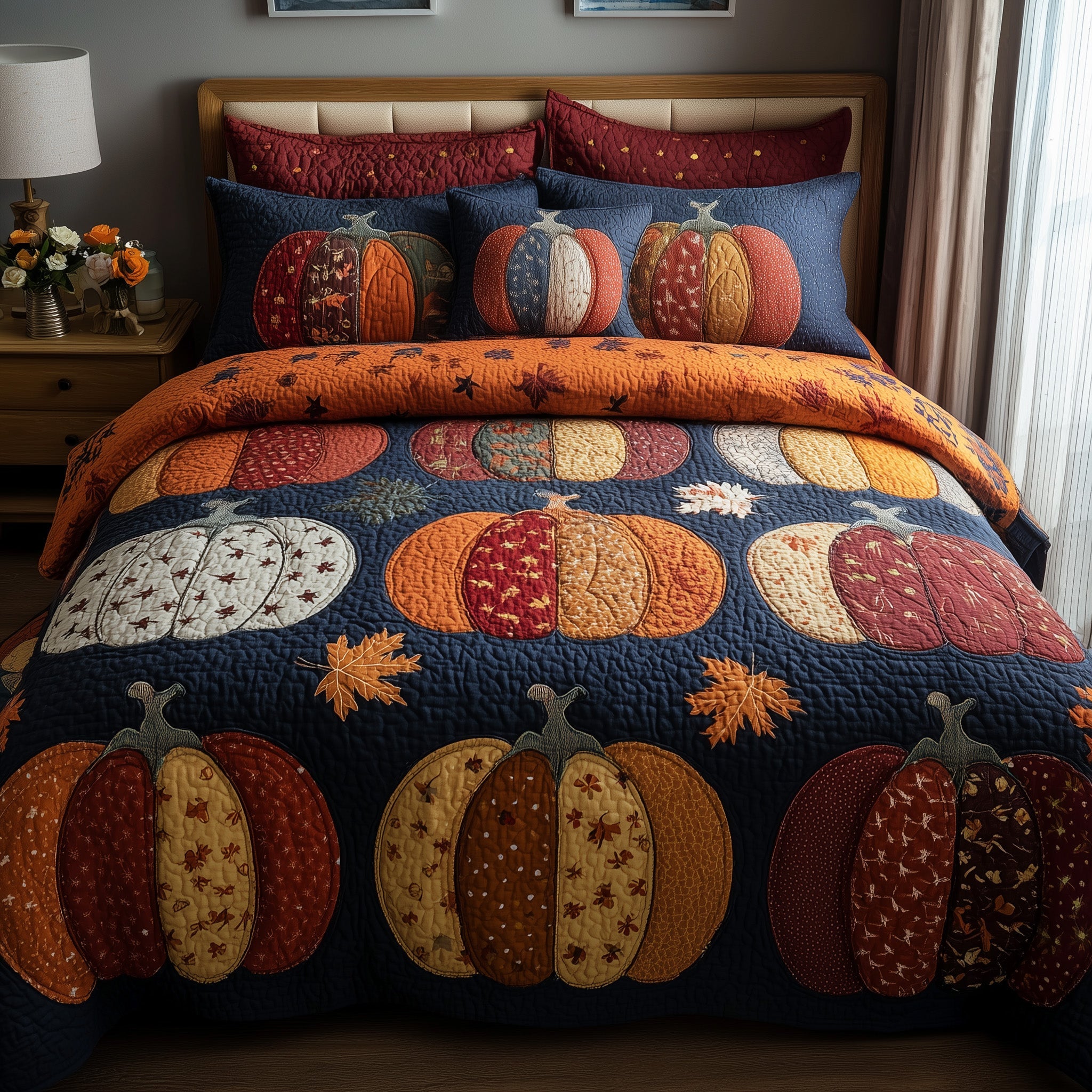 Pumpkin Harvest Quilted Bedding Set Striped Design