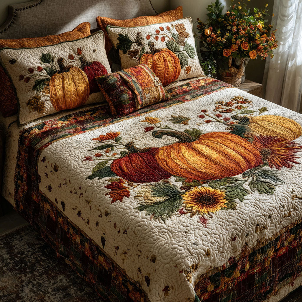 Pumpkin Harvest Time Quilted Bedding Set Bed Room Decoration Small Fall Gift Ideas