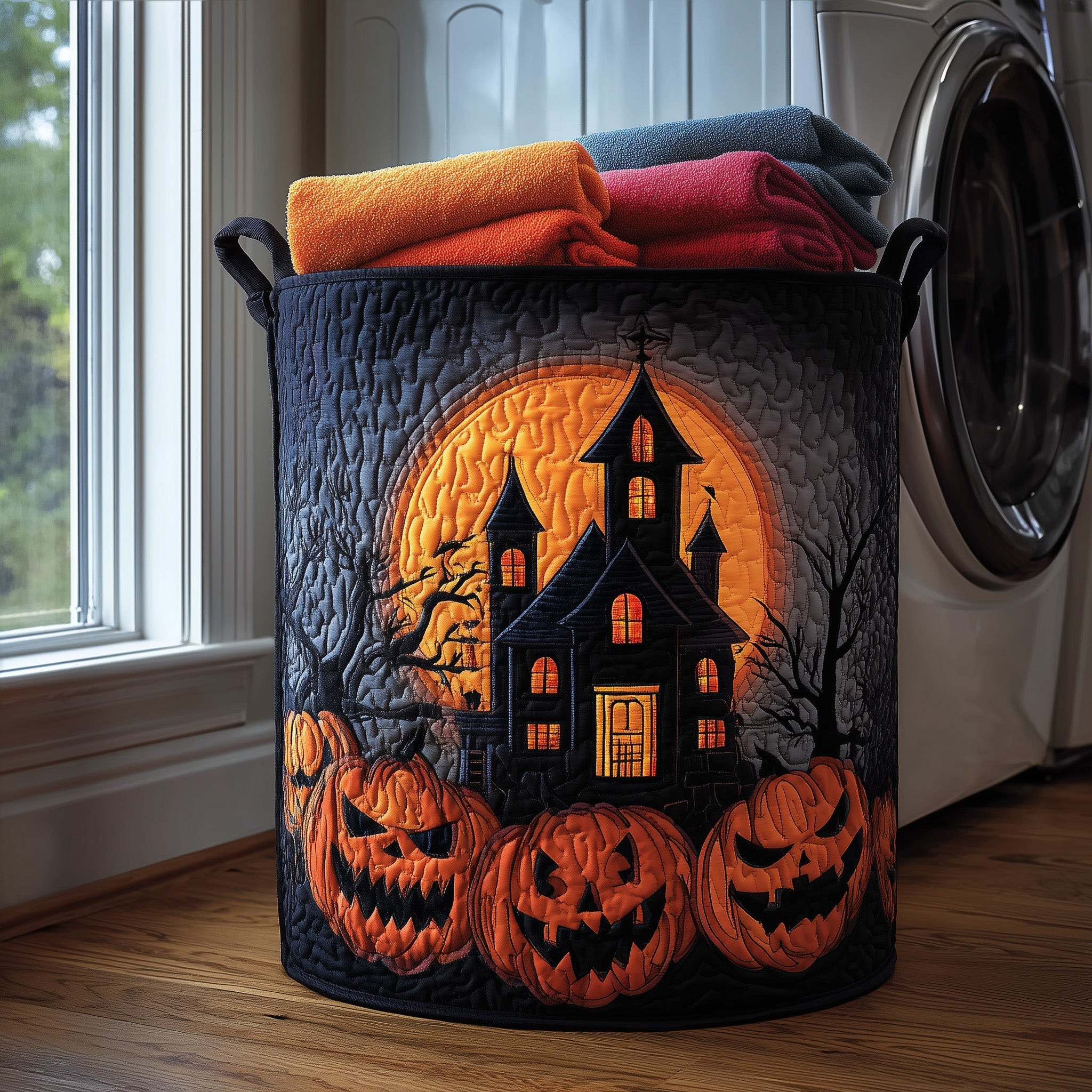 Pumpkin Haunted House Quilted Laundry Basket Laundry Room Decor Halloween Gifts