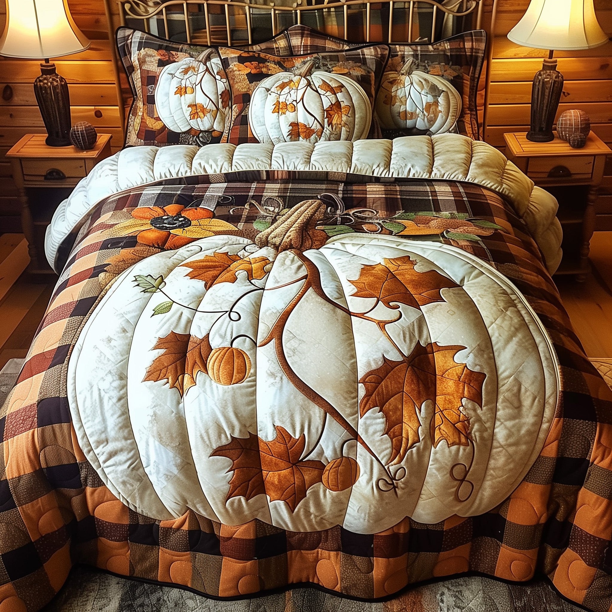 Pumpkin Haven Quilted Bedding Set Cozy Pumpkin Pattern Best Autumn Bedding Presents