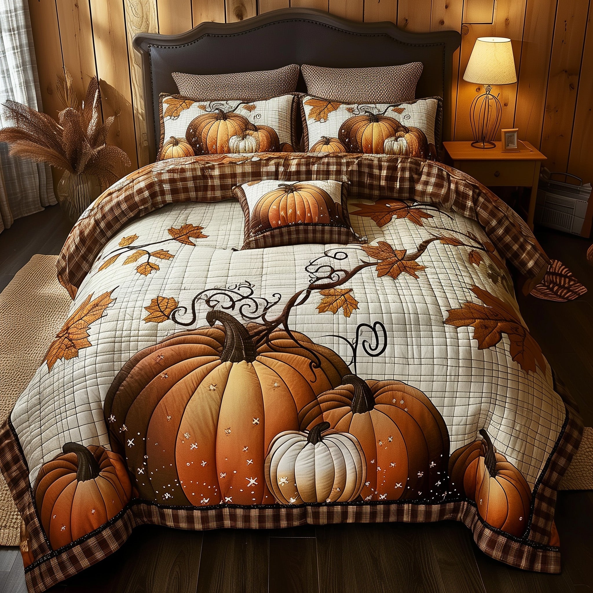 Pumpkin Haven Quilted Bedding Set Cozy Pumpkin Pattern Best Autumn Vibe Bedding Gifts