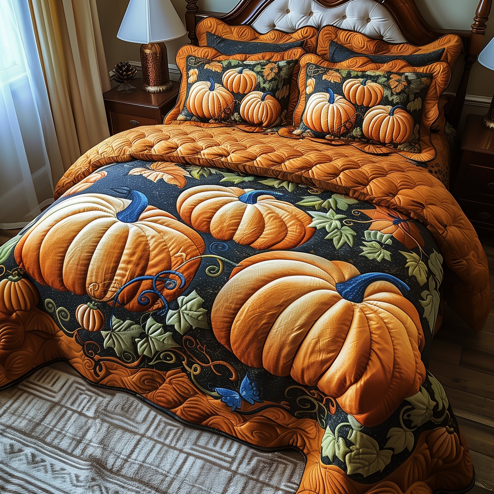 Pumpkin Haven Quilted Bedding Set Fall Festival Illustration Autumn Cozy Bedding Presents