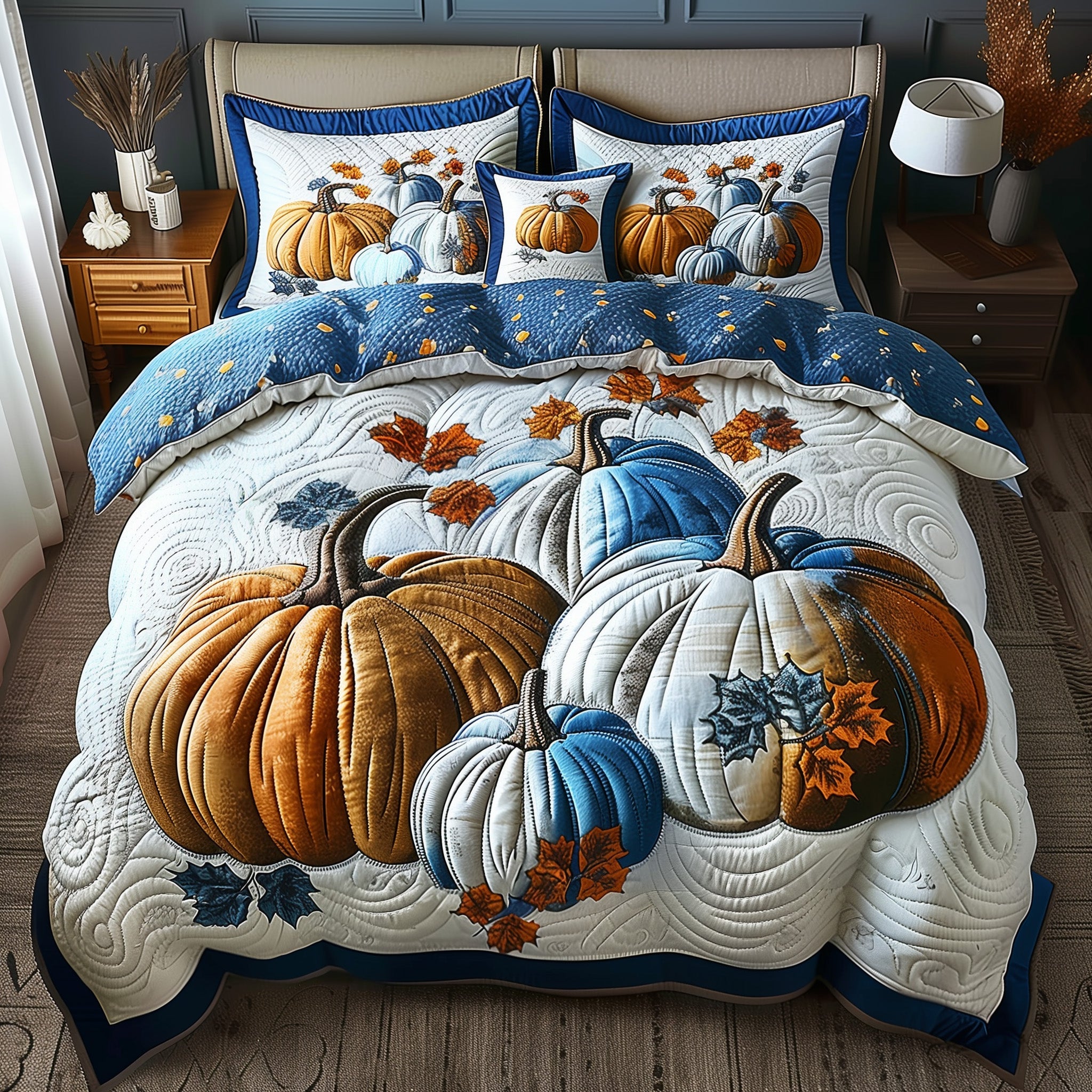 Pumpkin Haven Quilted Bedding Set Fall Festival Illustration Autumn Xmas Bedding Presents