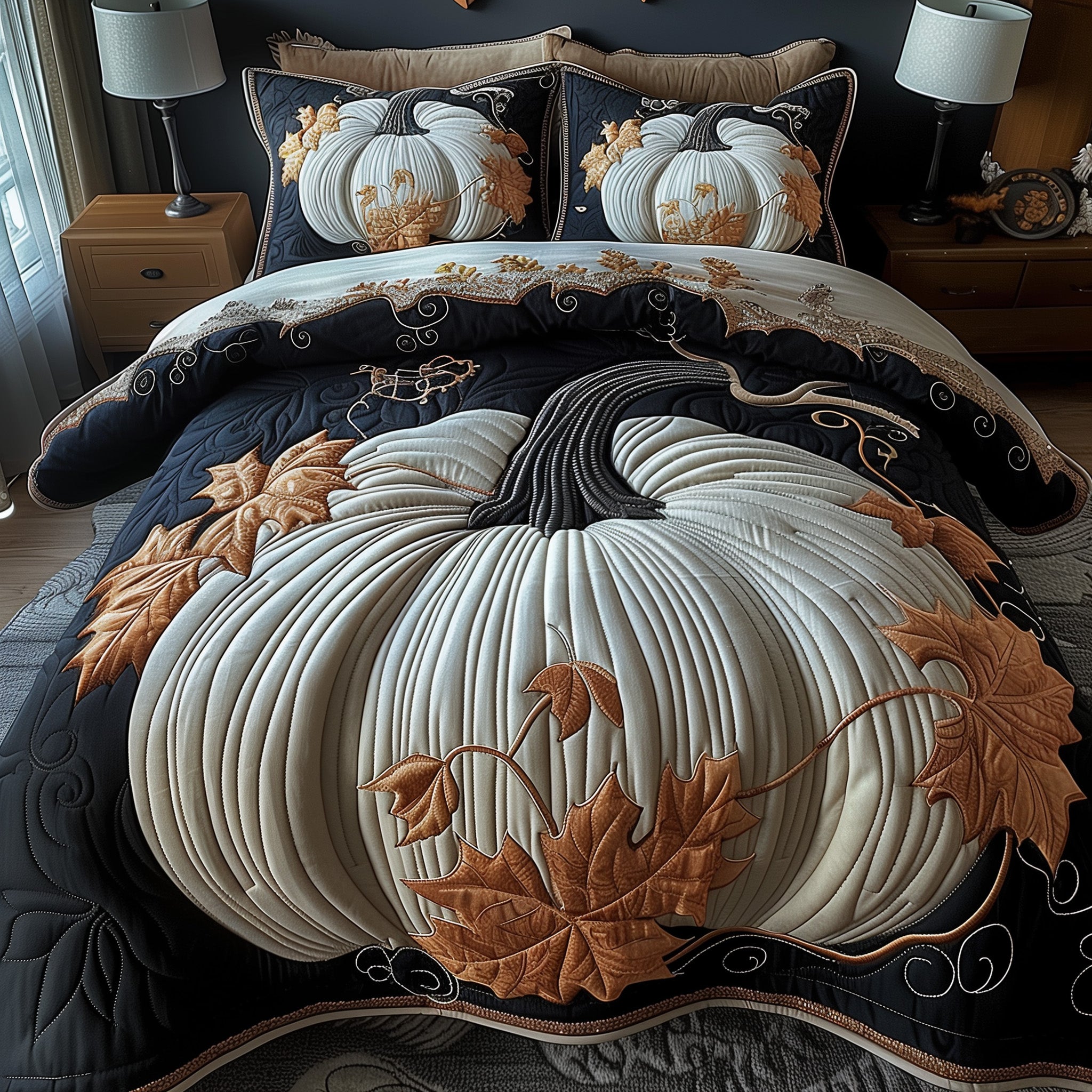 Pumpkin Haven Quilted Bedding Set Giant Pumpkin Design Best Autumn Gift Ideas