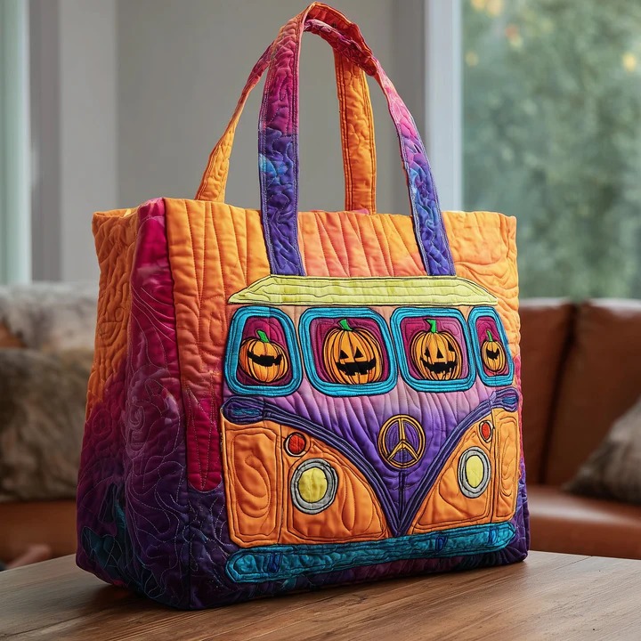 Pumpkin Hippie Van Quilted Tote Bag Halloween Jack O Lantern Bag Best Gift For Women