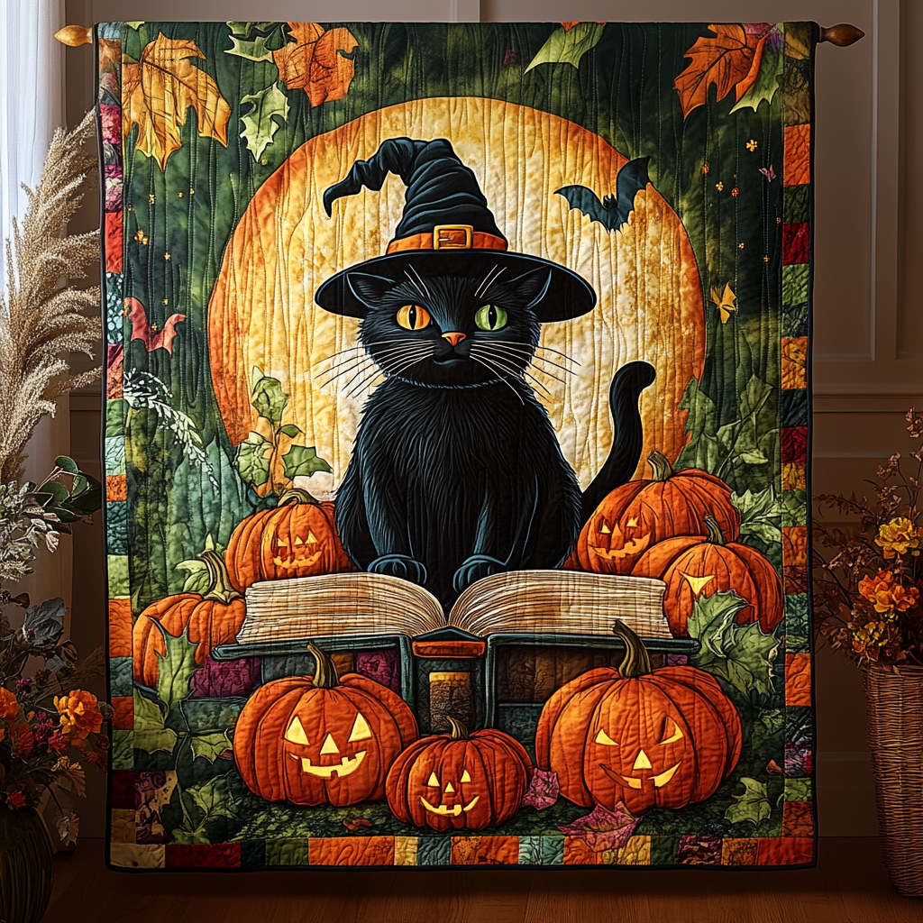 Pumpkin Kitty Quilted Blanket Halloween Gifts For Adults