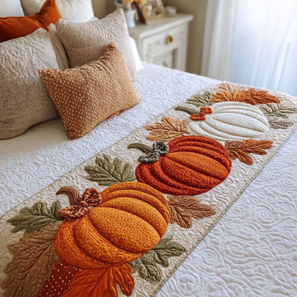 Pumpkin Leaf Charm Quilted Bed Runner Autumn Room Decor Good Family Gifts