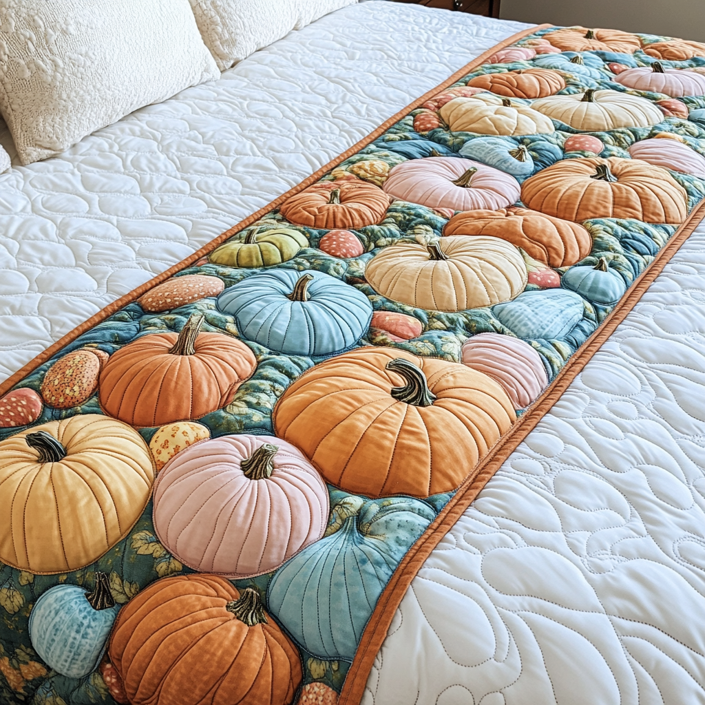 Pumpkin Meadow Quilted Bed Runner Fall Bedroom Decor Unique Gifts For Family