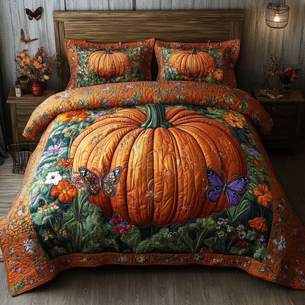 Pumpkin Meadow Quilted Bedding Set Bedroom Decor Fall Autumn Gifts For Her