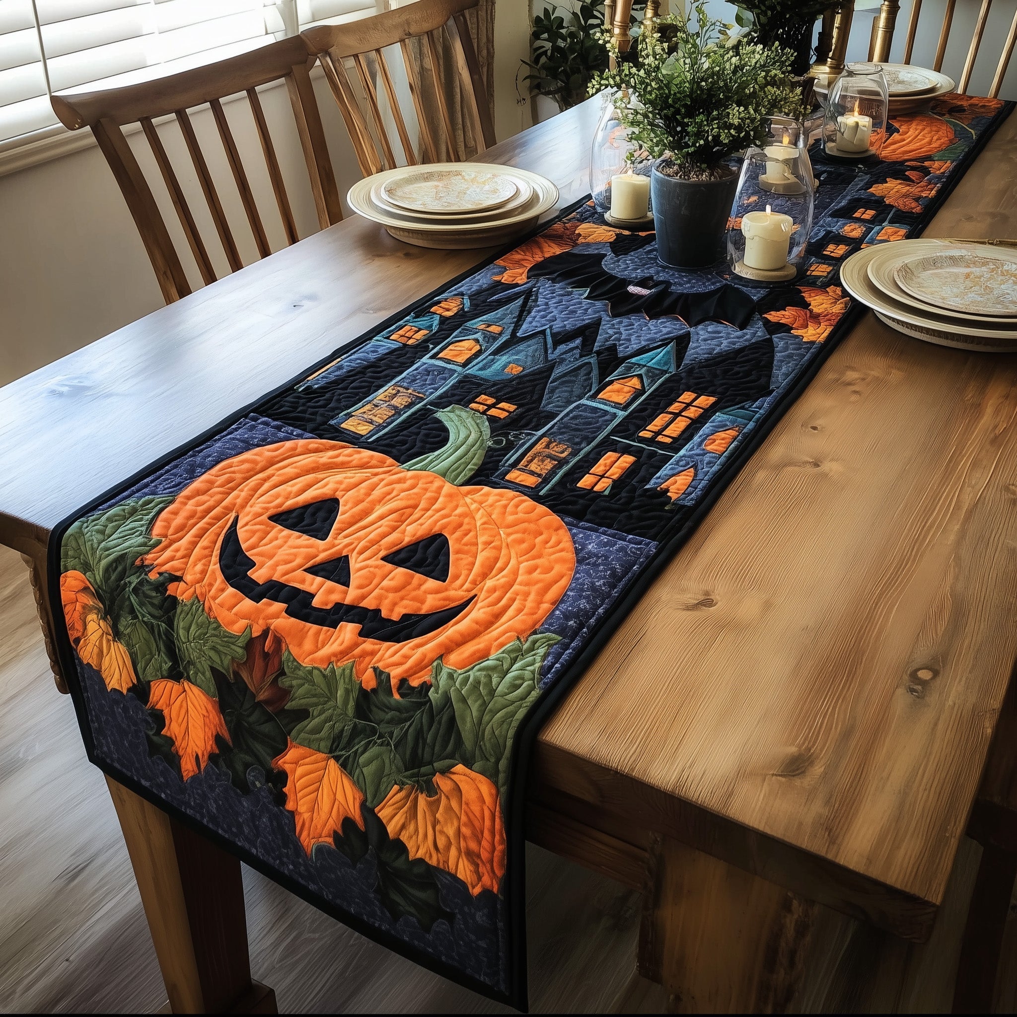 Pumpkin Night Quilted Table Runner Holiday Party Table Runner