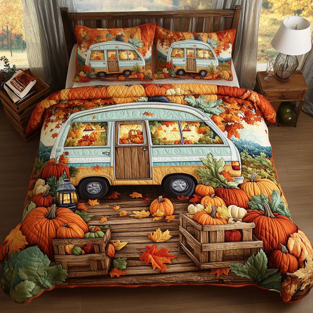 Pumpkin Patch Camper Quilted Bedding Set Autumn Sheet Set Camping Themed Presents