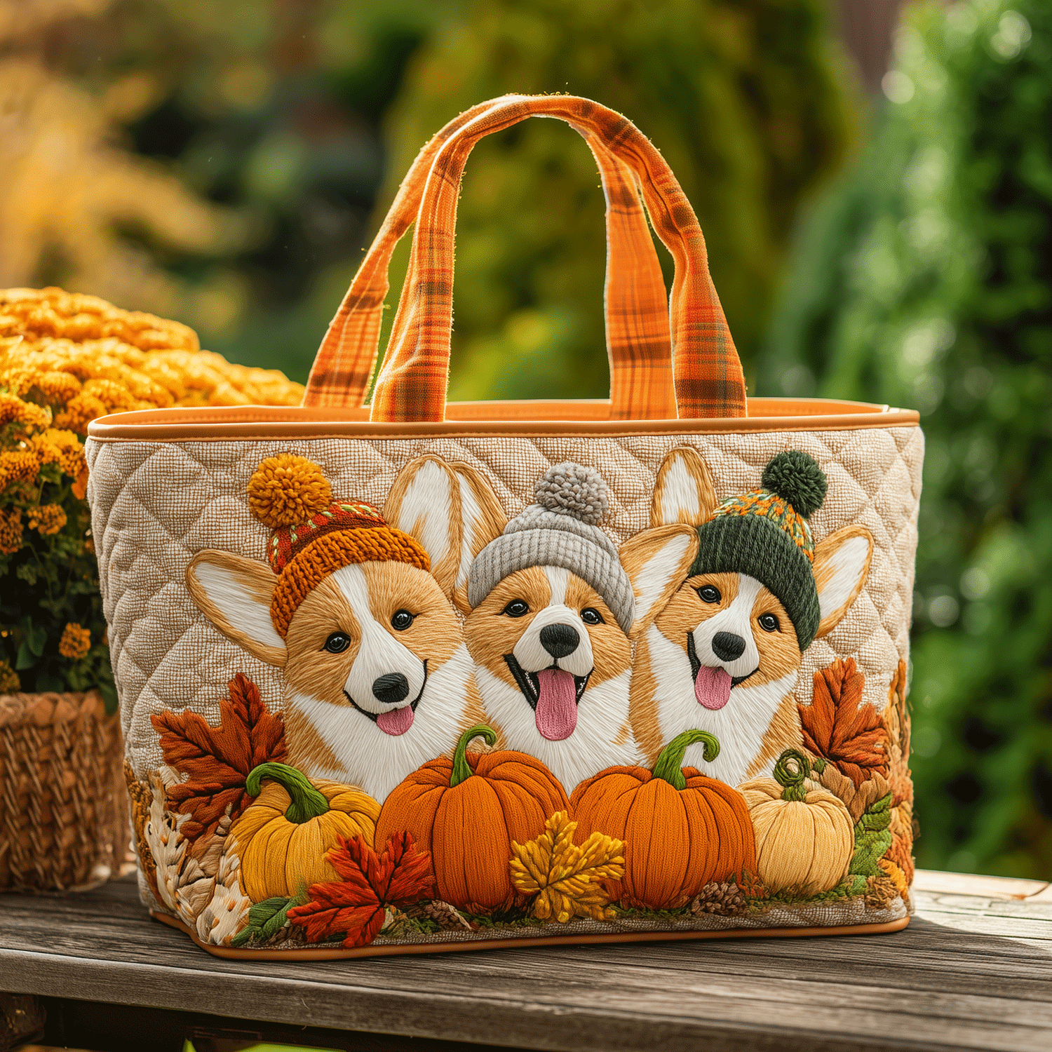 Pumpkin Patch Corgis Quilted Tote Bag Gift Ideas For Dog Lovers