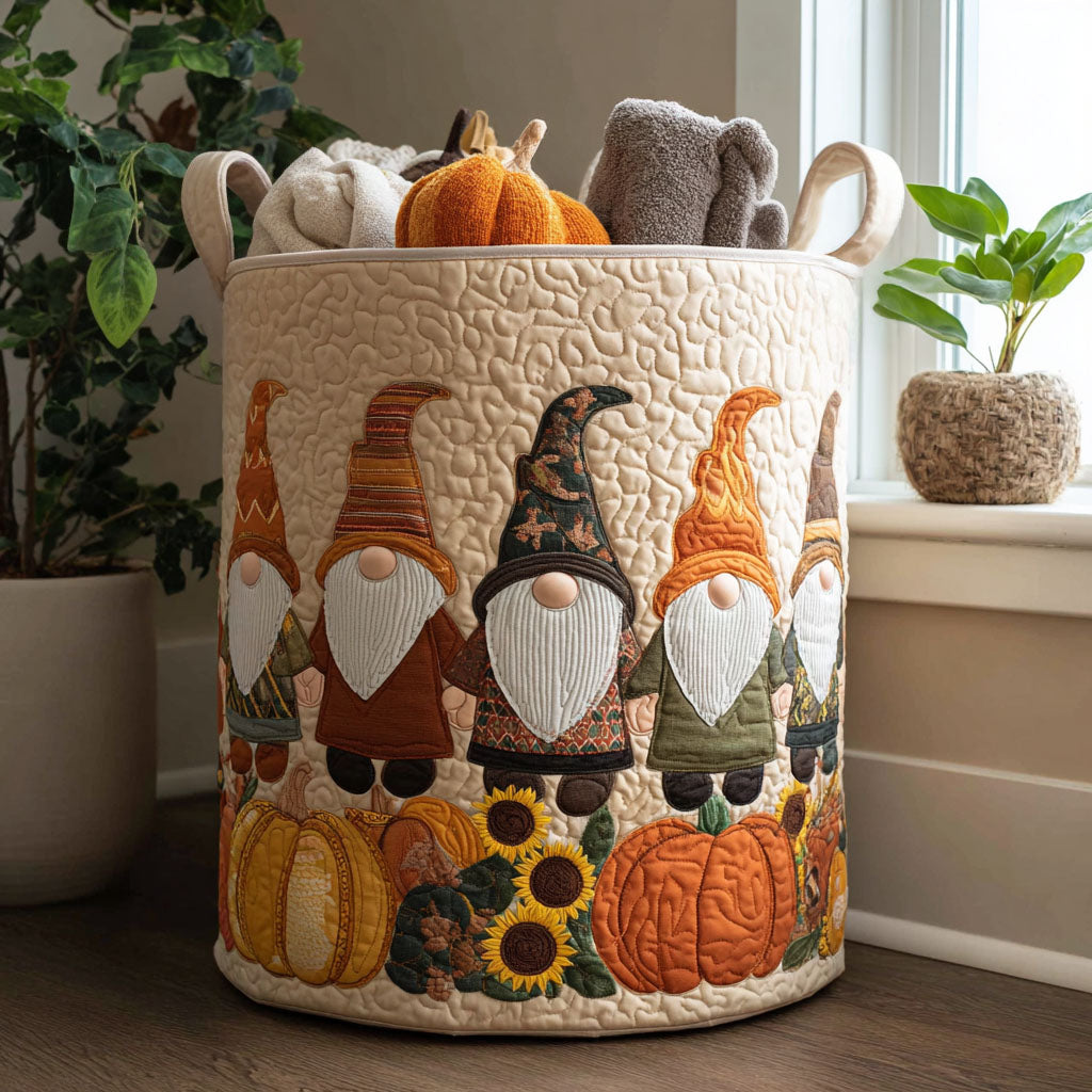 Pumpkin Patch Gnome Quilted Laundry Basket Father's Day Merch Gift