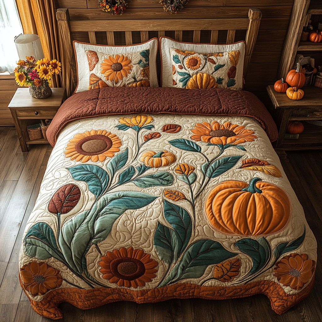 Pumpkin Patch Quilted Bedding Set Cool Bedroom Decor Fall Autumn Season Gifts