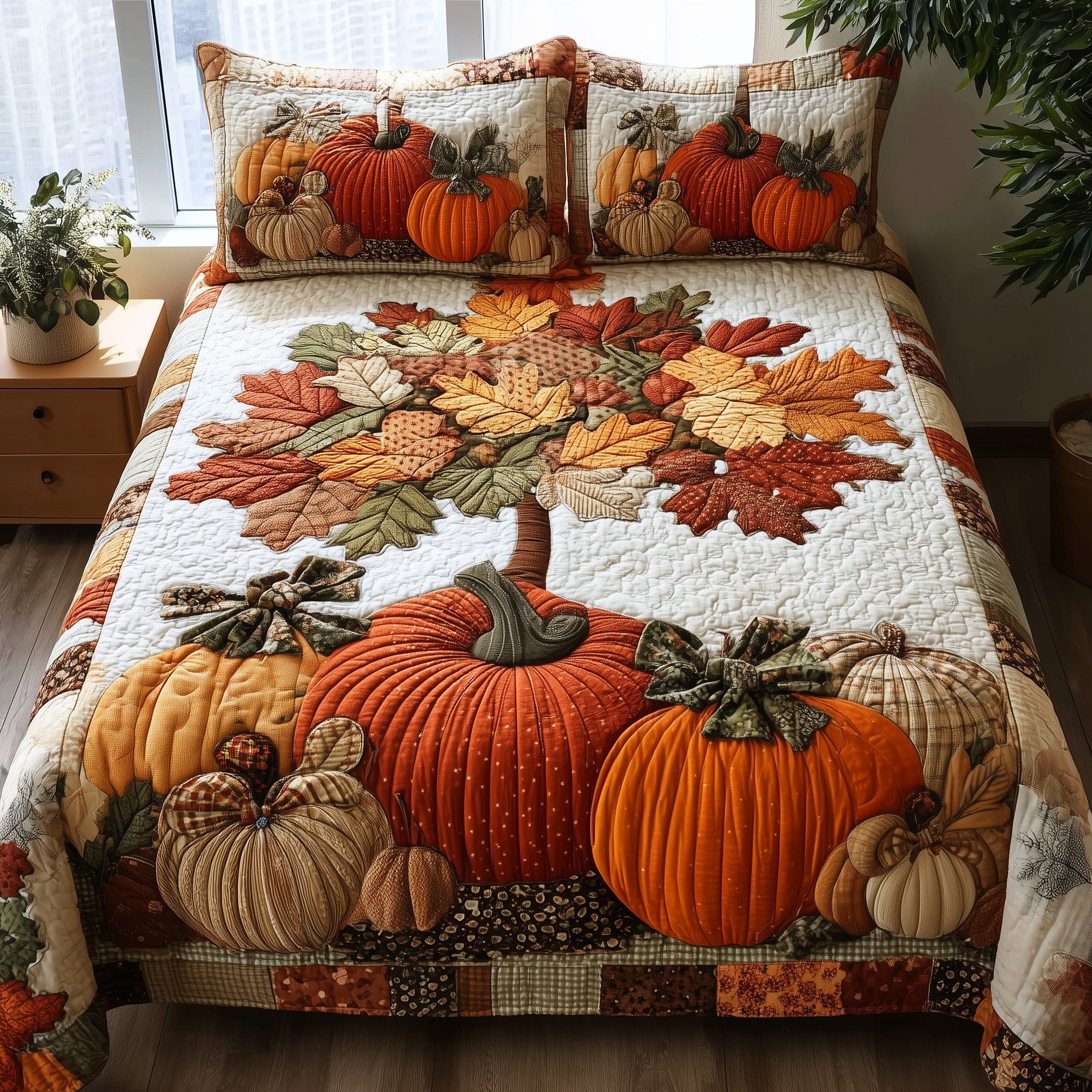 Pumpkin Patch Quilted Bedding Set Duvet Cover Bedspread Autumn Inspired Gifts