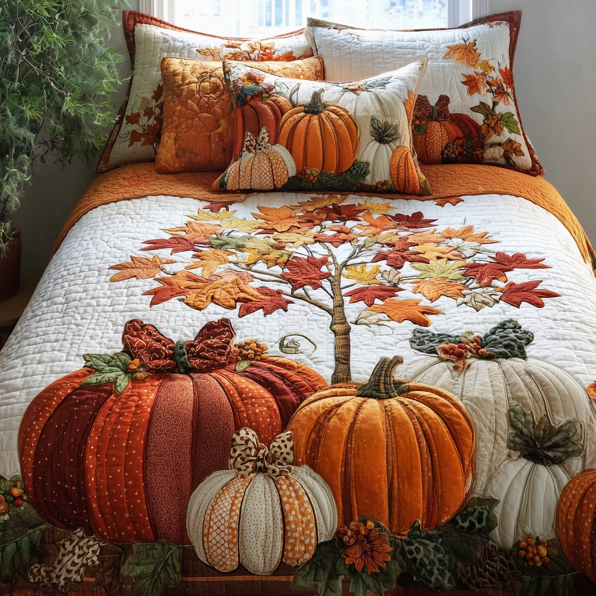 Pumpkin Patch Quilted Bedding Set Geometrical Pattern
