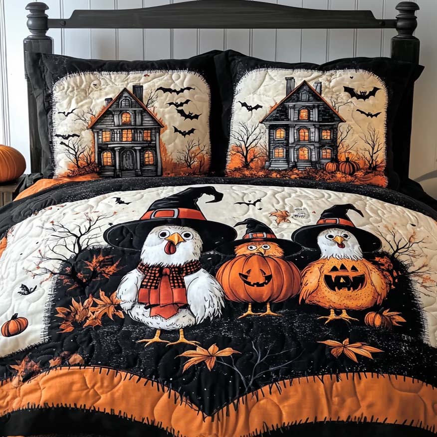 Pumpkin Patch Shadows Quilted Bedding Set Spooky Bed Sheets Gifts For People With Chickens