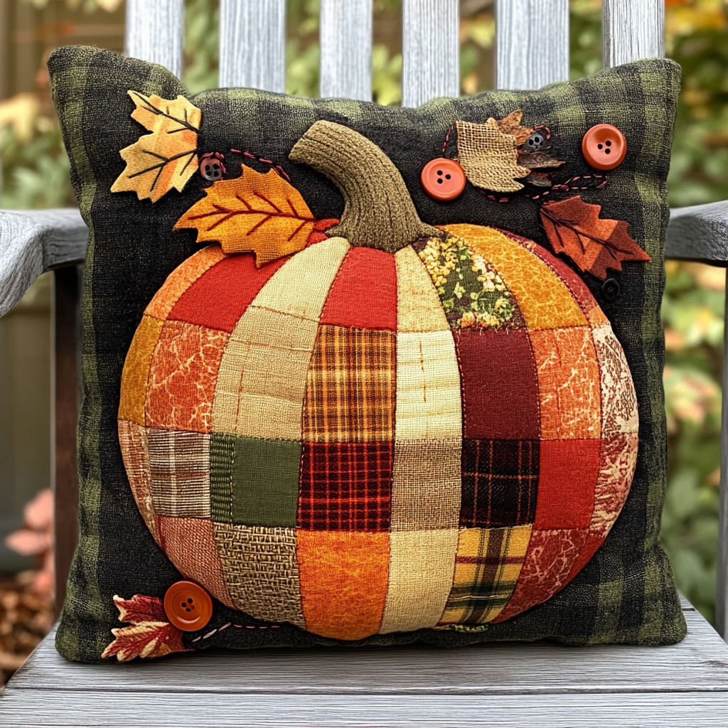 Pumpkin Patchwork Charm Quilted Pillow Case Festive Holiday Throw Pillow