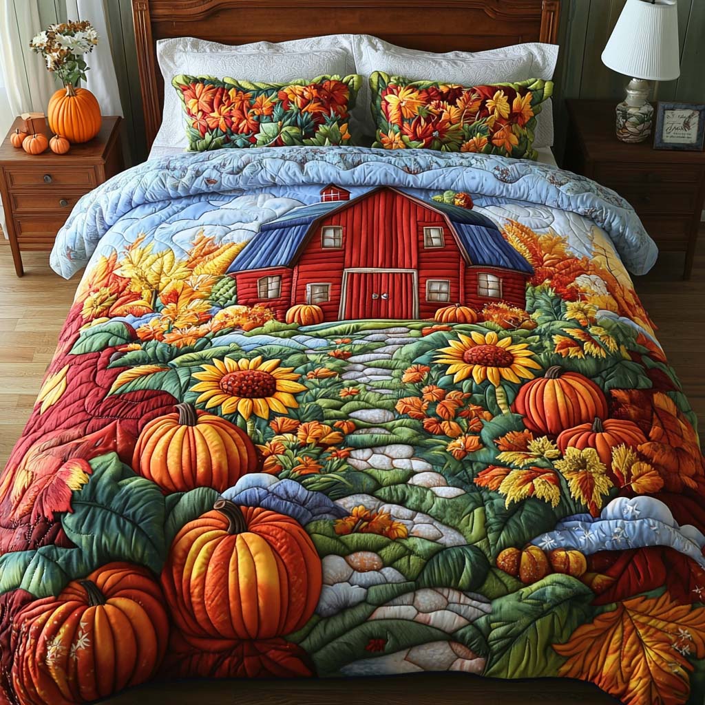 Pumpkin Path Quilted Bedding Set Aesthetic Room Decor Cool Fall Gifts
