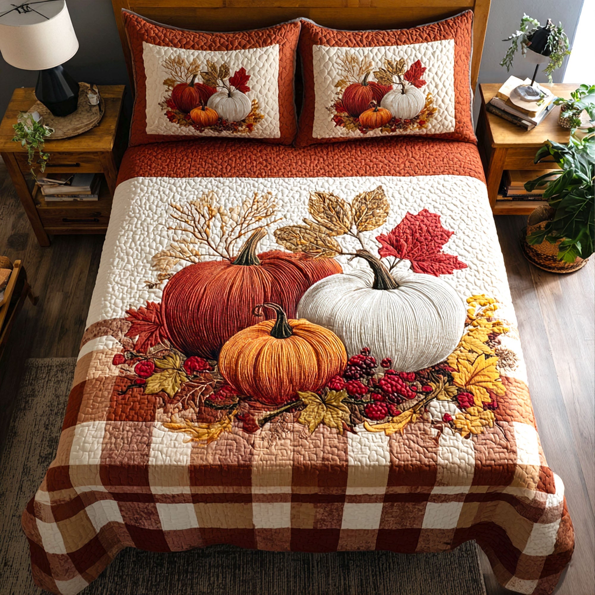 Pumpkin Plaid Quilted Bedding Set Holiday Season Duvet Cover Set Good Thanksgiving Gifts