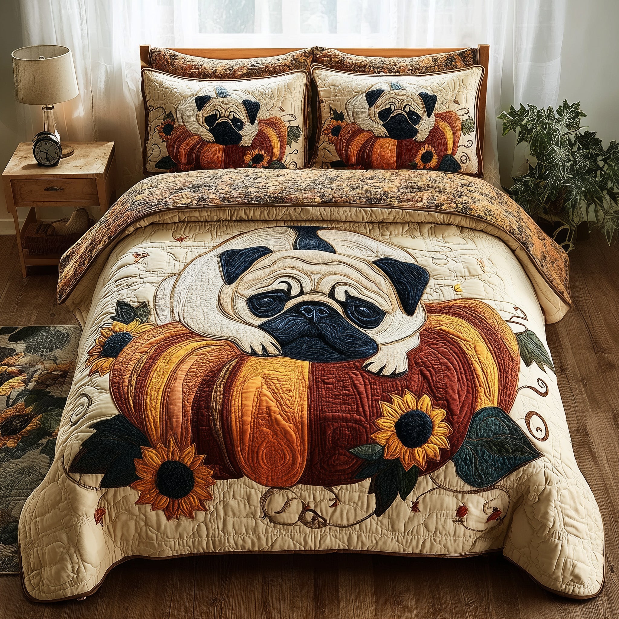 Pumpkin Pug Quilted Bedding Set Anniversary Gift