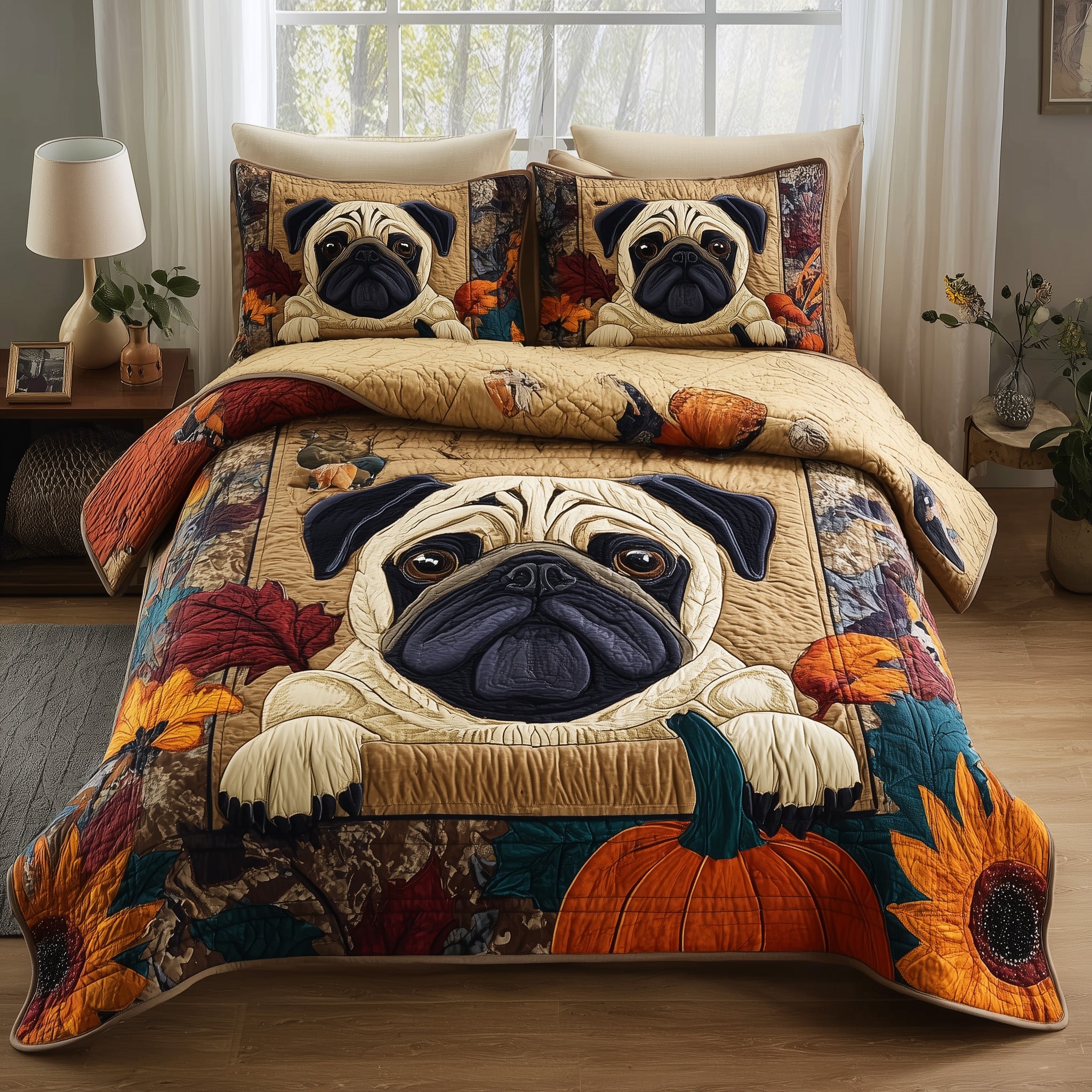 Pumpkin Pug Quilted Bedding Set Cozy Bedroom