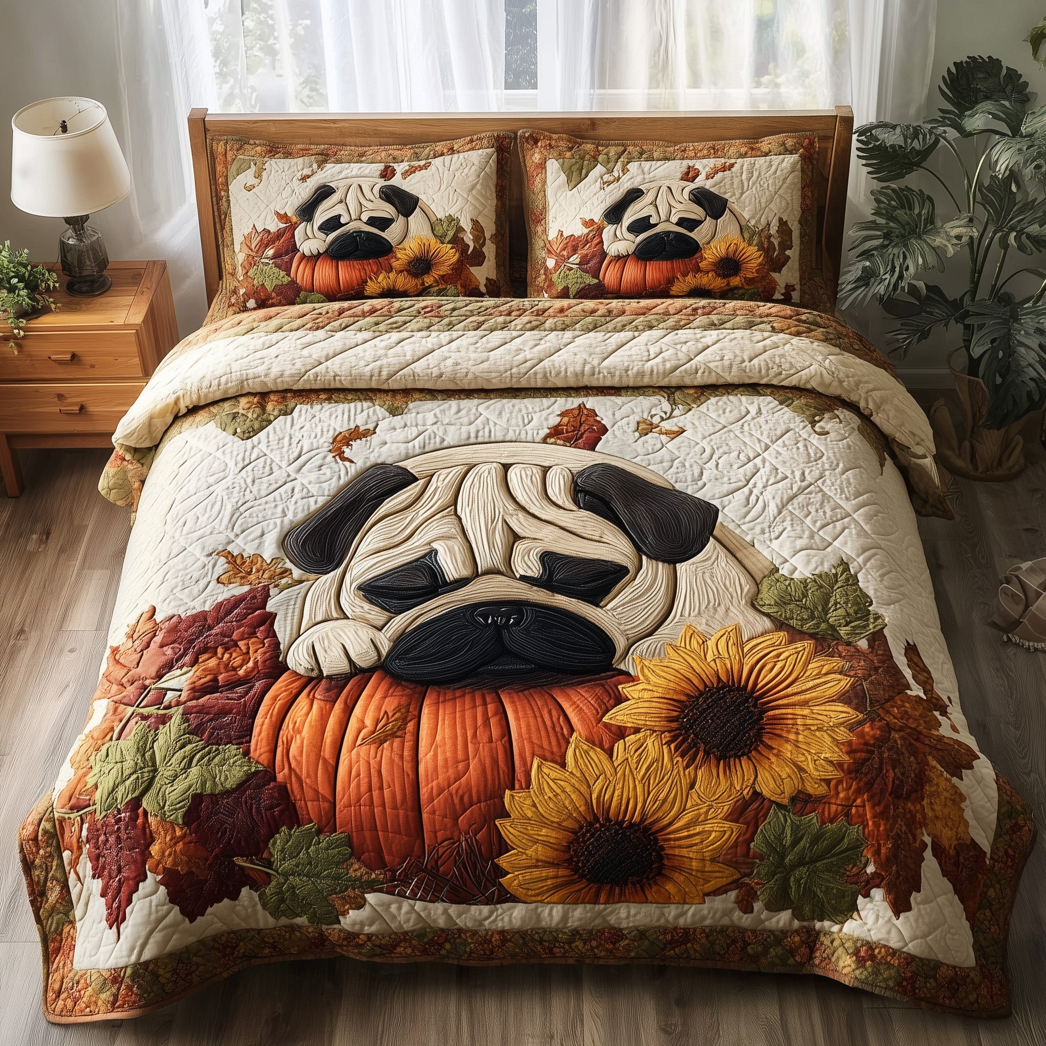 Pumpkin Pug Quilted Bedding Set Floral Print