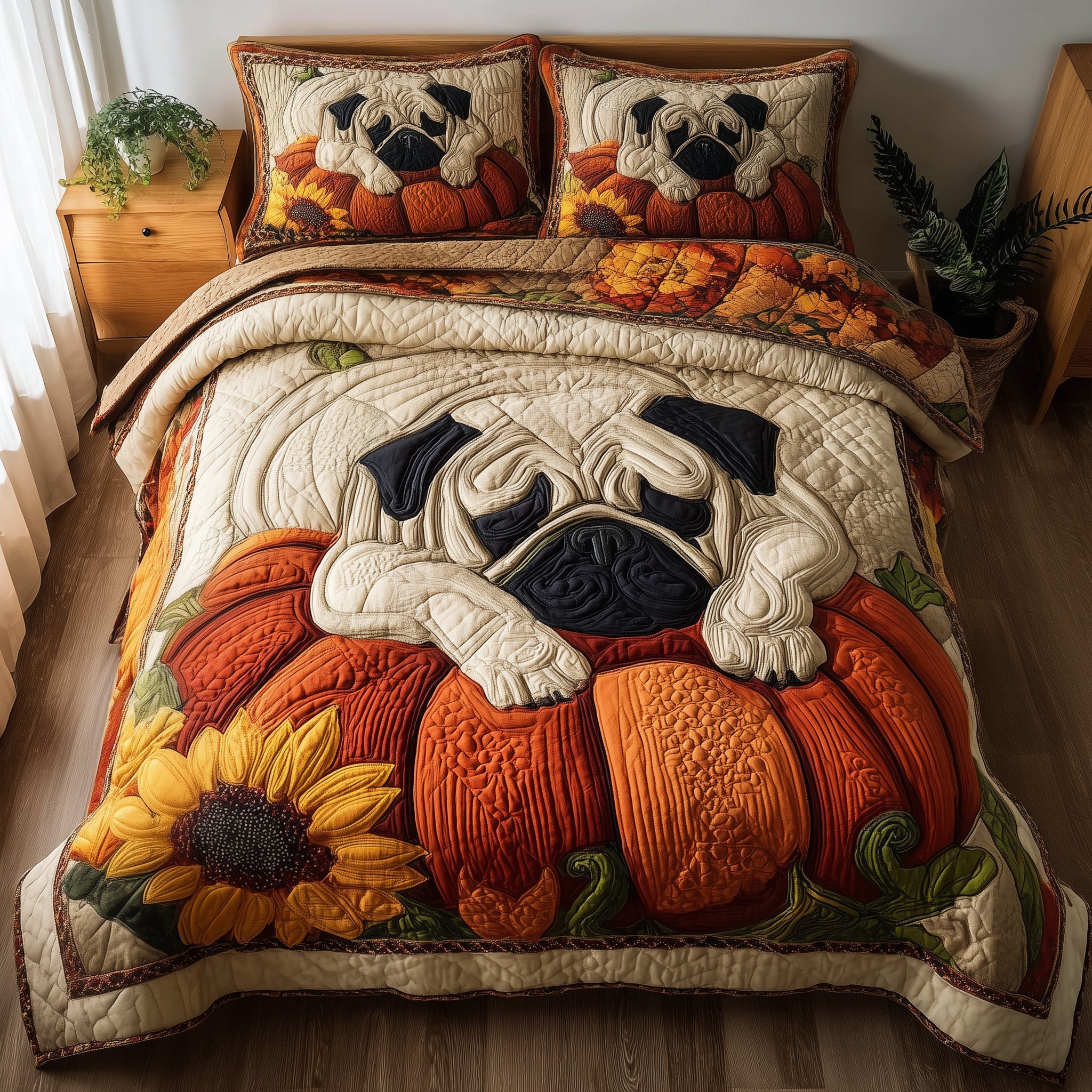 Pumpkin Pug Quilted Bedding Set Stylish Home Decor