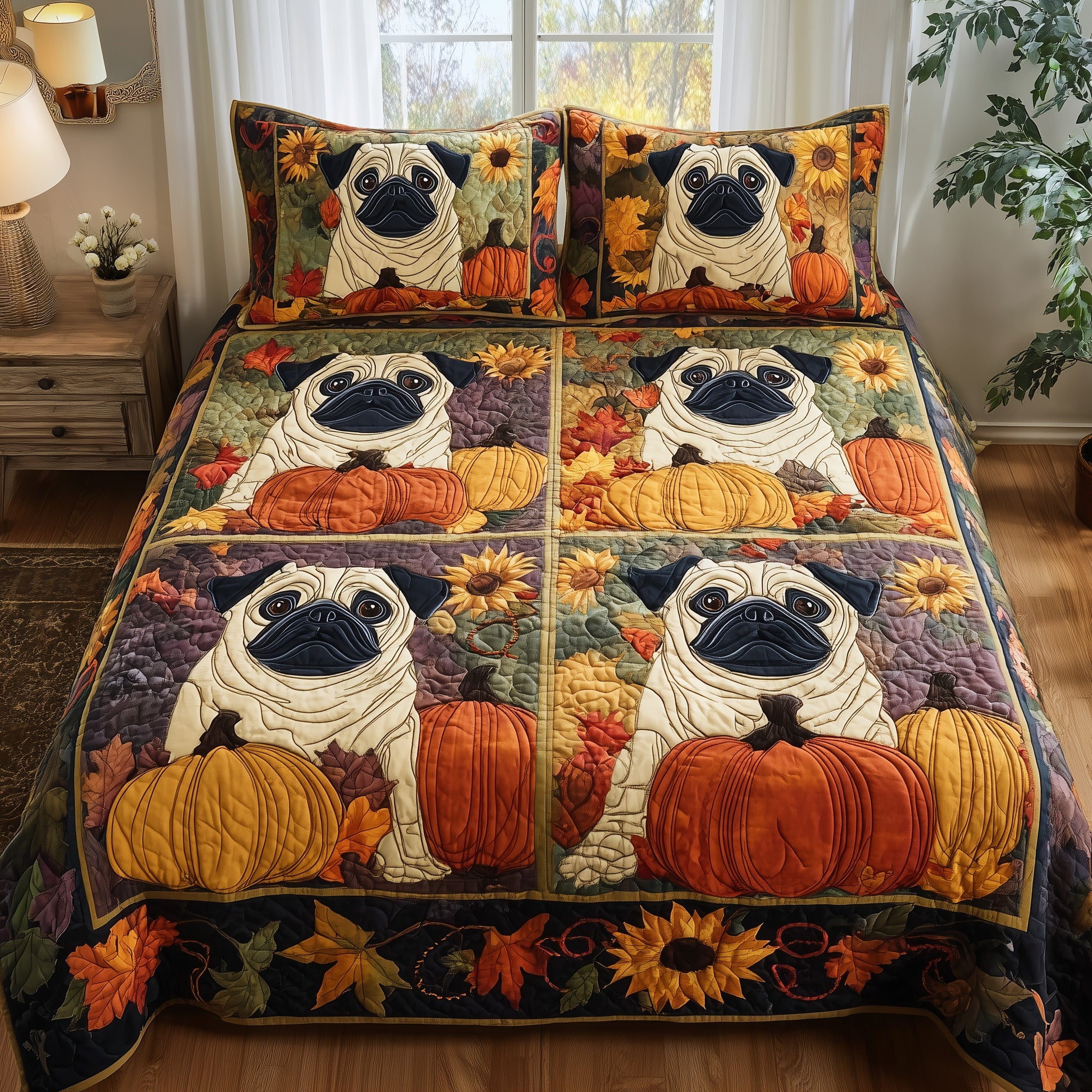 Pumpkin Pug Quilted Bedding Set Ultimate Comfort
