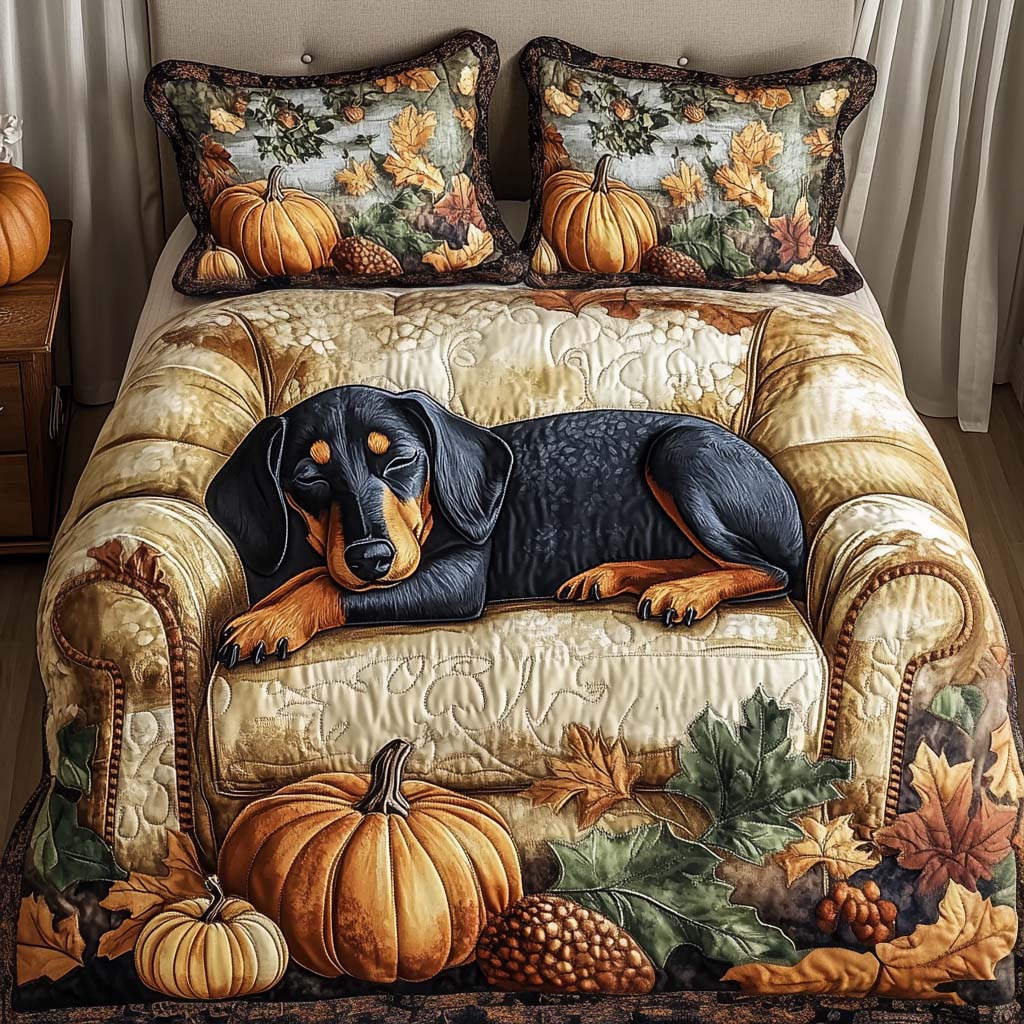 Pumpkin Pup Quilted Bedding Set Holiday Season Duvet Cover Set Gifts For Sausage Dog Lovers