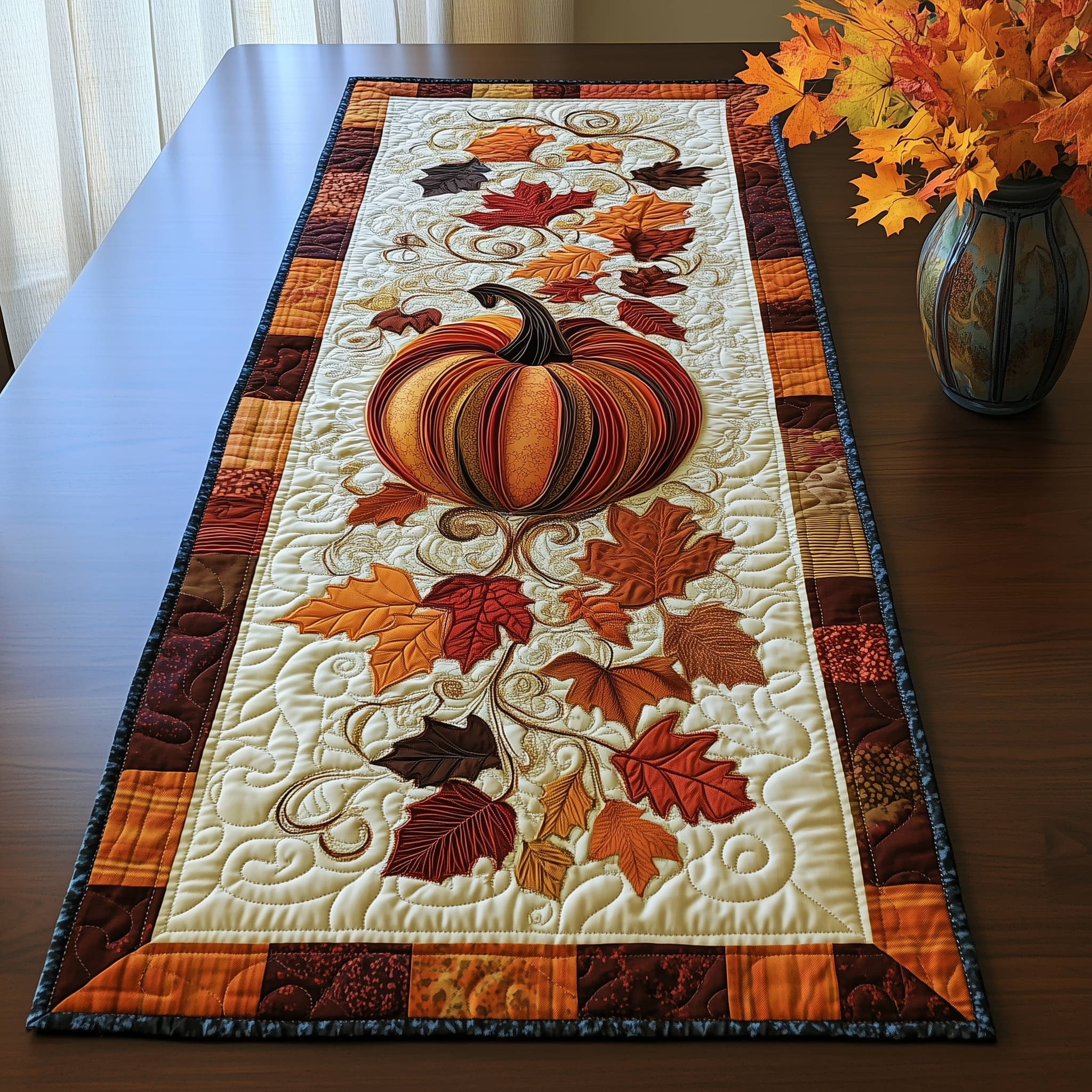 Pumpkin Quilted Table Runner Holiday Dining Table Runner Theme Autumn Fall Decorations