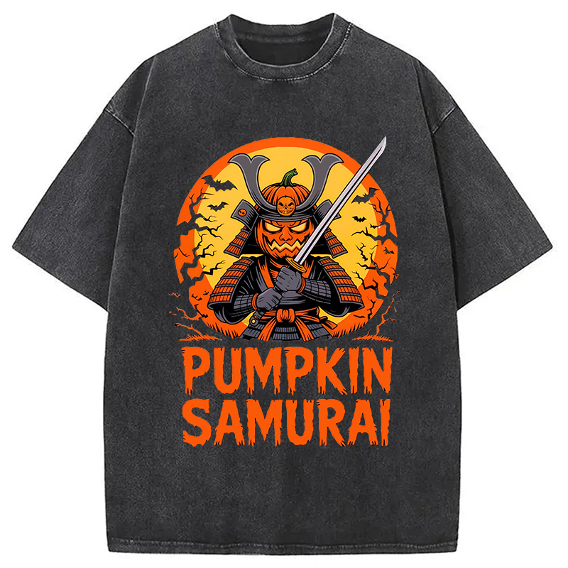 Pumpkin Samurai Funny Halloween Washed T-Shirt Retro Streetwear Graphic Top Gifts For Her