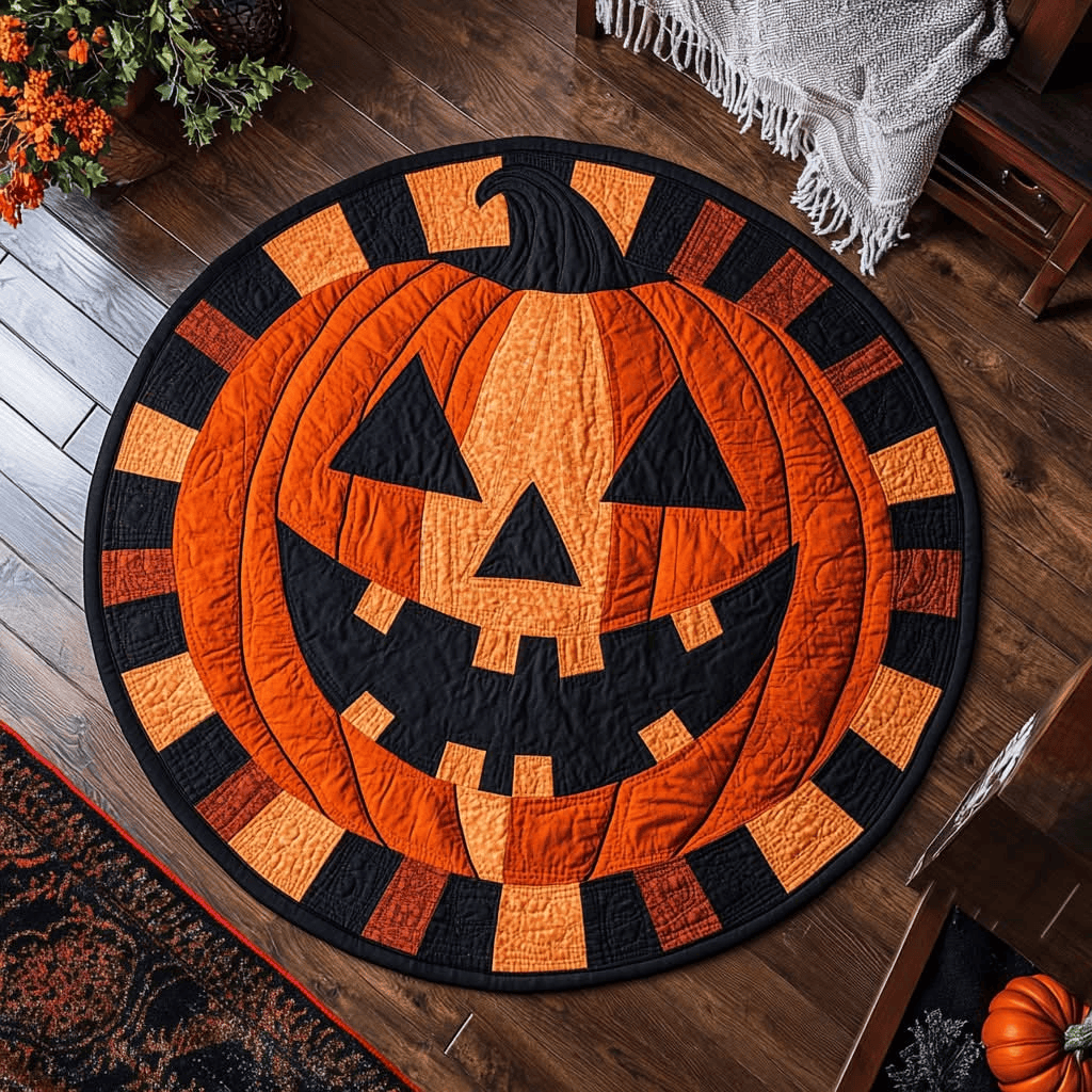 Pumpkin Smile Quilted Round Mat Halloween Round Mat Gifts For Halloween Lovers