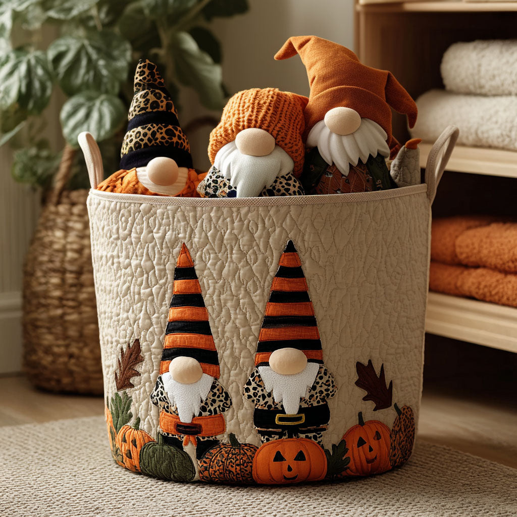 Pumpkin Spell Gnome Quilted Laundry Basket Merch For Home And Living