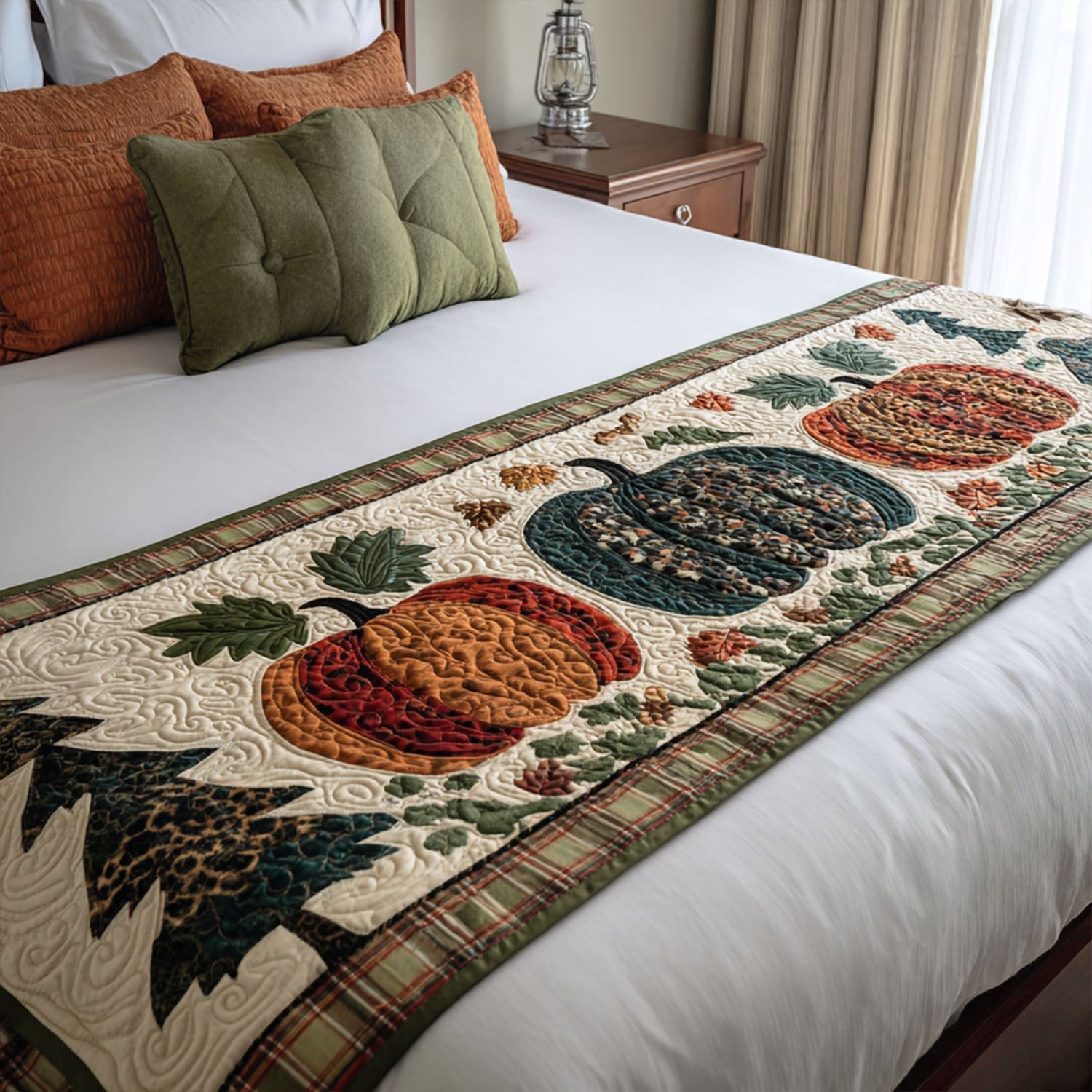 Pumpkin Trail Quilted Bed Runner Bedroom Holiday Decor Unique Gifts Family