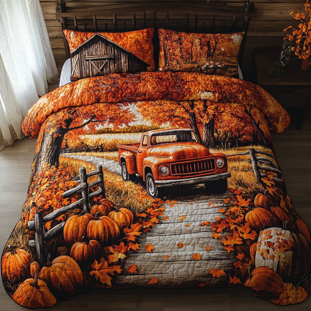 Pumpkin Truck Quilted Bedding Set Aesthetic Room Decor Autumn Gift Ideas