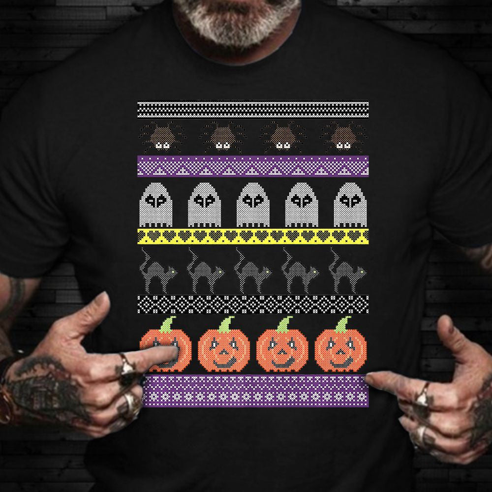 Pumpkins Black Cats Ghosts Spider Halloween  Ugly Sweater Shirt Halloween Graphic Tee