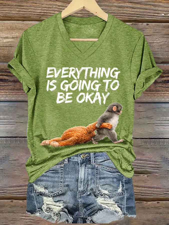 Punch Money Everything Is Going To Be Okay Baby Monkey V-Neck Shirt Funny Animal Graphic Tee Motivational Shirt Monkey Gift