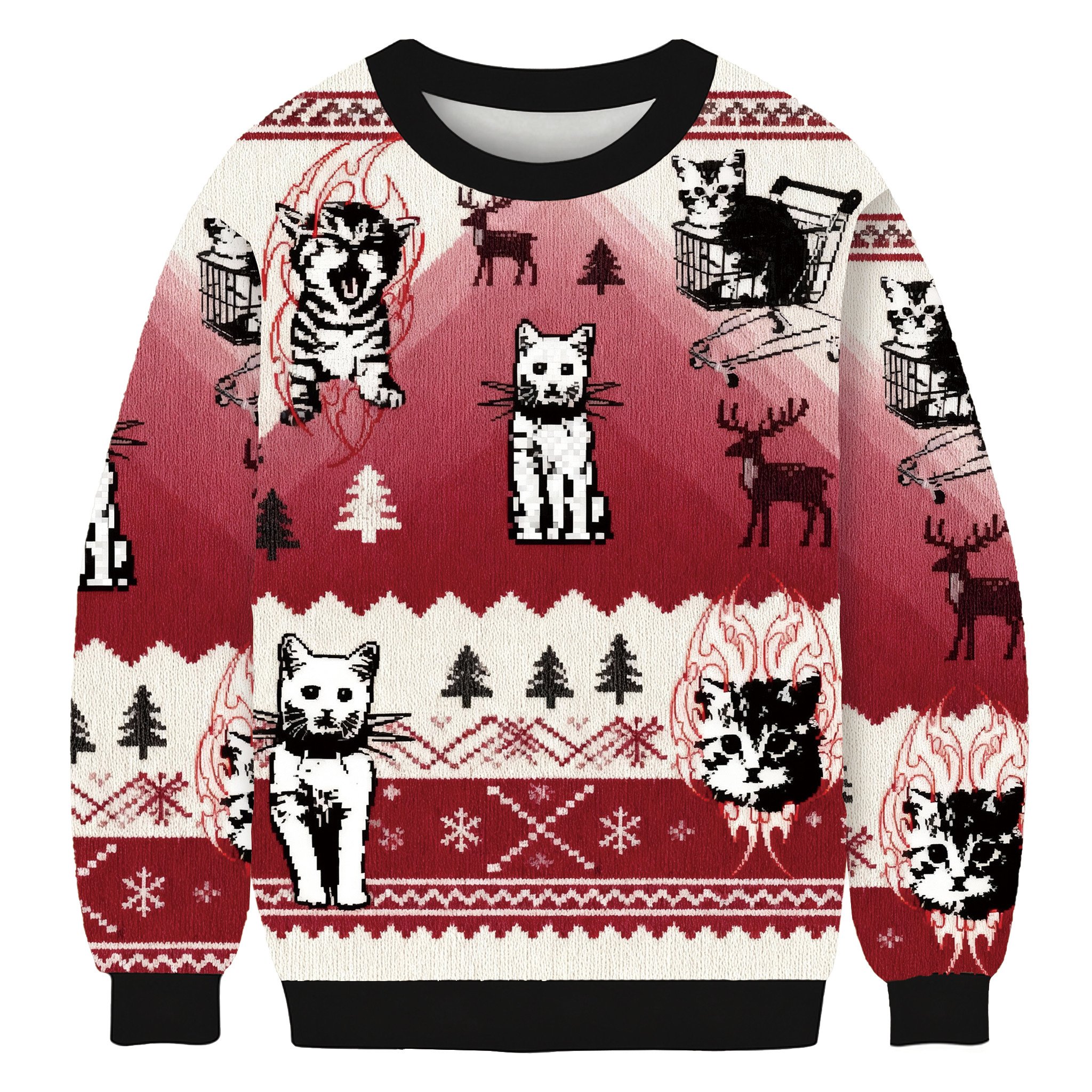 Punk Kittens With Flame Designs And Shopping Cart Motif Christmas Ugly Sweater Cat Gift For Xmas