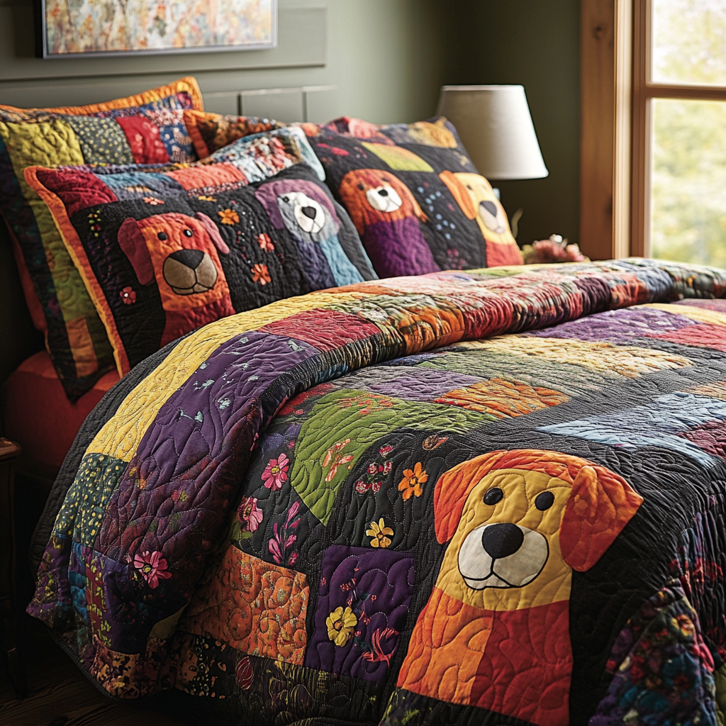Pupper Patch Parade Quilted Bedding Set Best Bedspread Set Dog Gifts For Dog Lovers